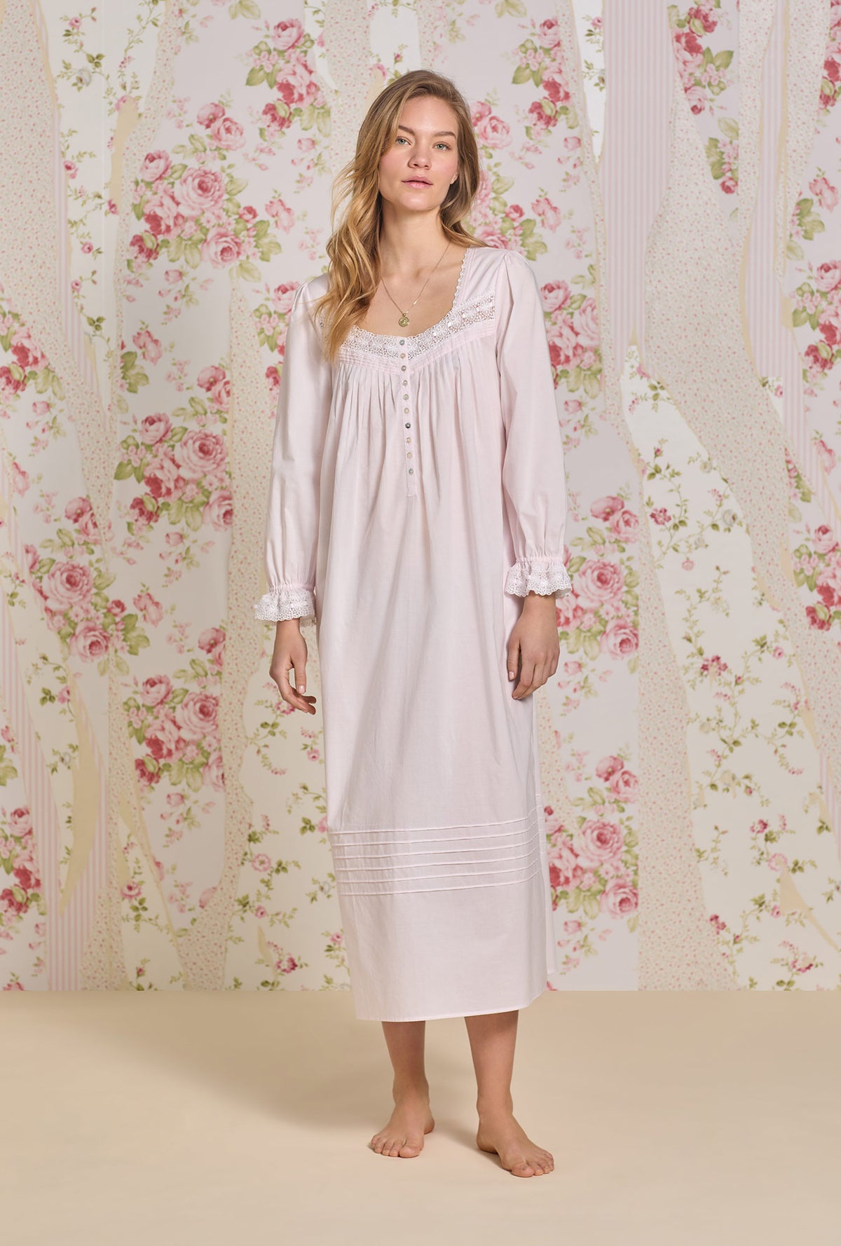 A lady wearing Rosewater Cotton Lawn Long Sleeve Ballet Nightgown