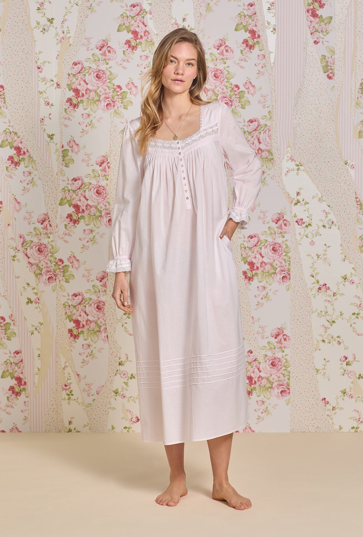 A lady wearing Rosewater Cotton Lawn Long Sleeve Ballet Nightgown
