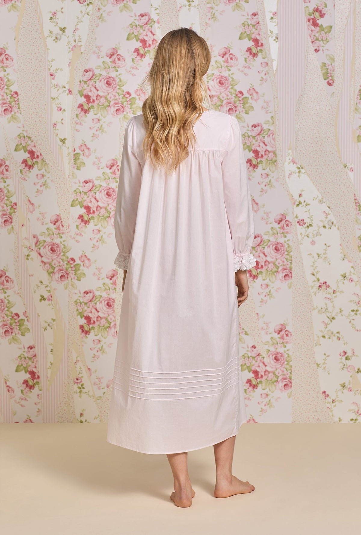 A lady wearing Rosewater Cotton Lawn Long Sleeve Ballet Nightgown