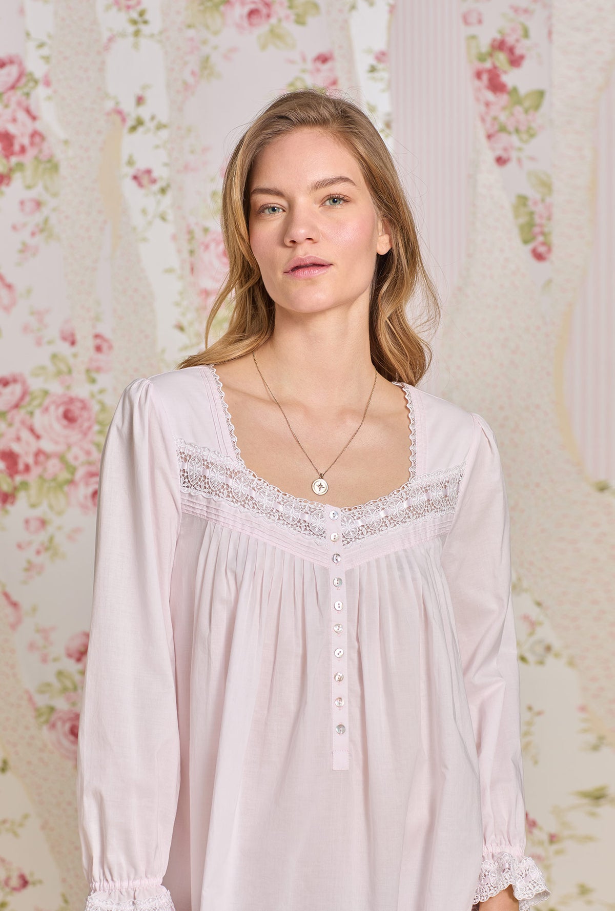 A lady wearing Rosewater Cotton Lawn Long Sleeve Ballet Nightgown