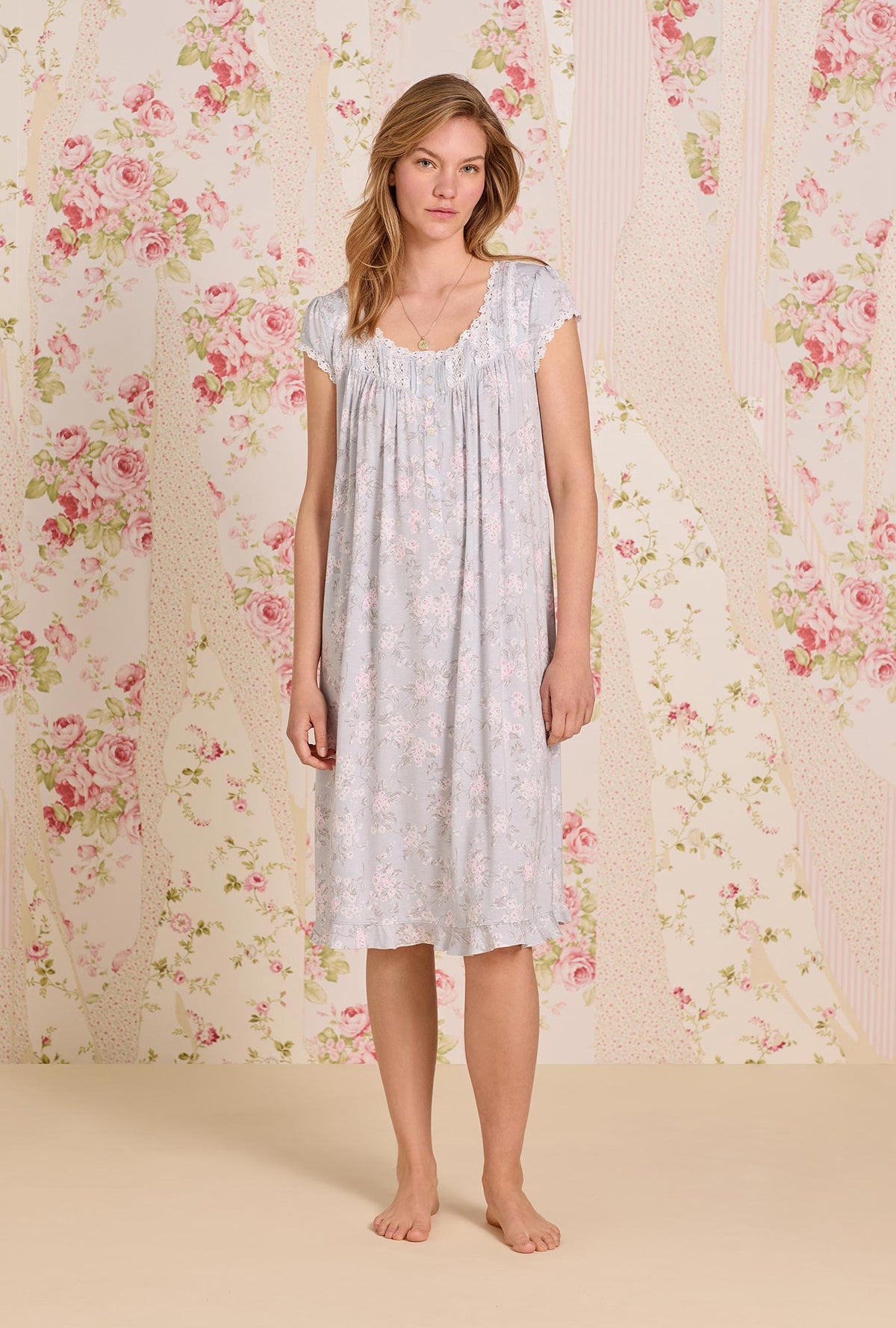 A lady wearing Blush Bouquet Tencel ™ Modal Waltz Nightgown