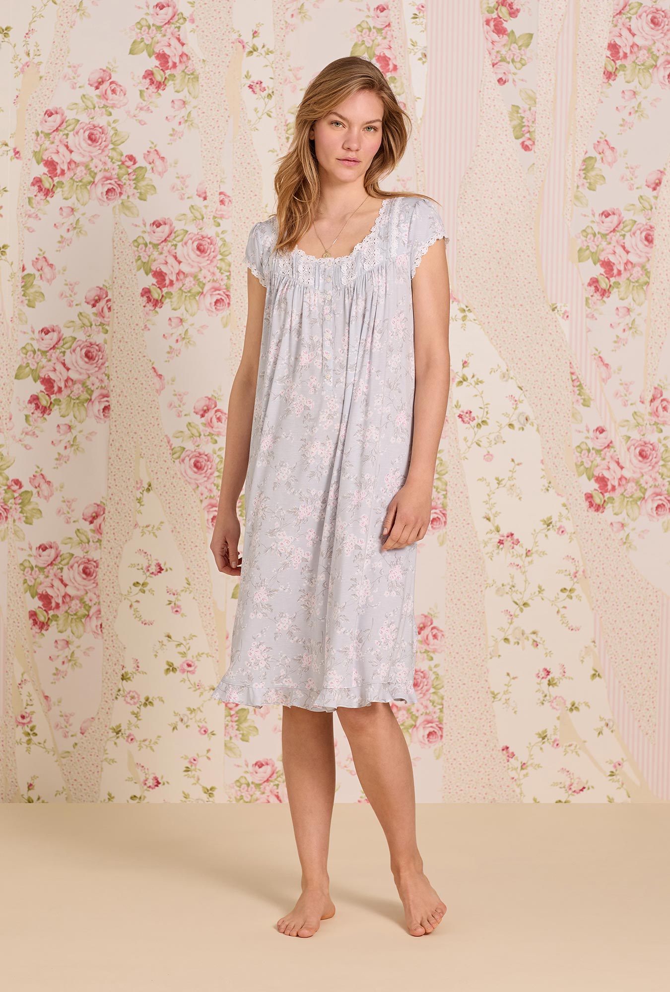 A lady wearing Blush Bouquet Tencel ™ Modal Waltz Nightgown