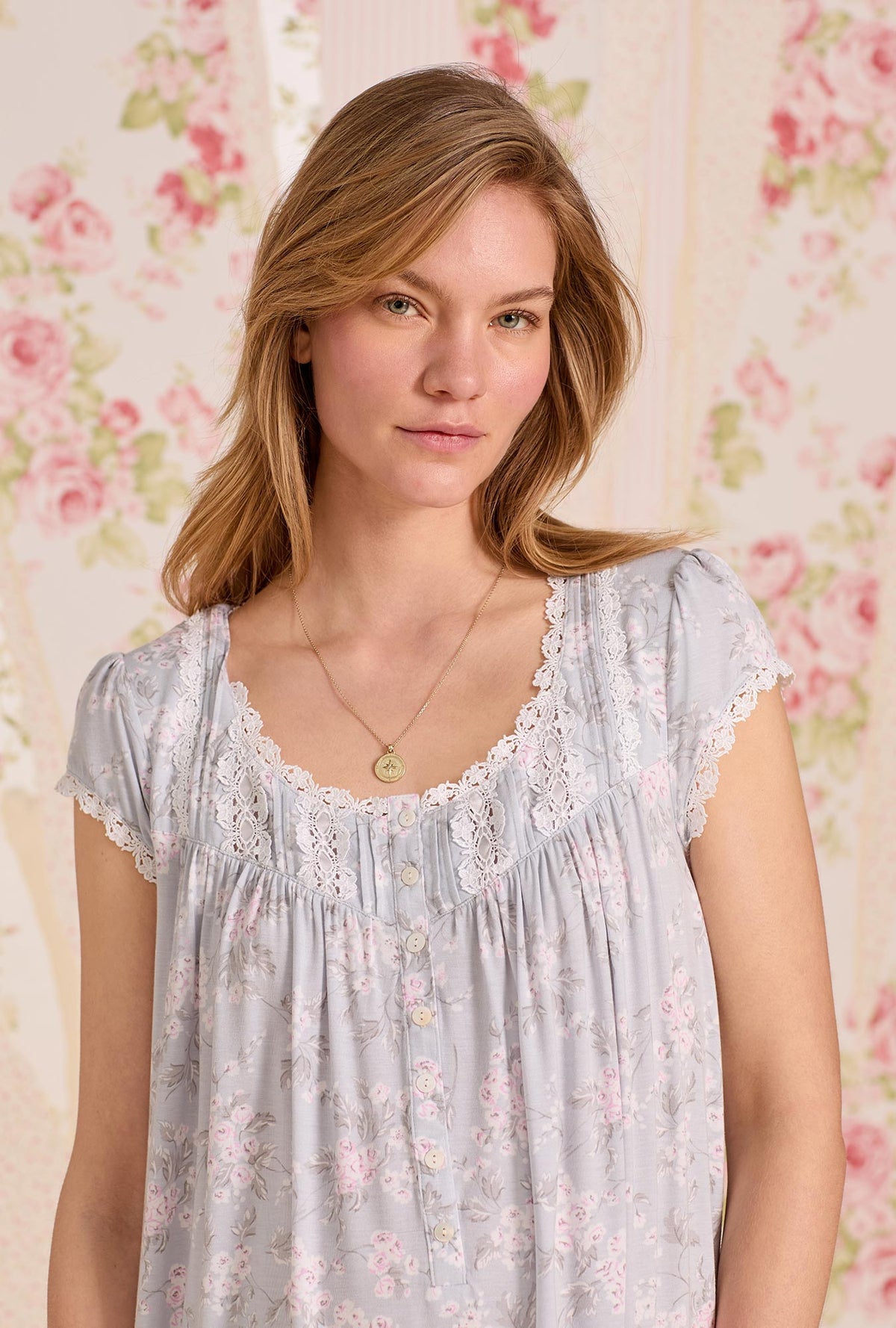 A lady wearing Blush Bouquet Tencel ™ Modal Waltz Nightgown