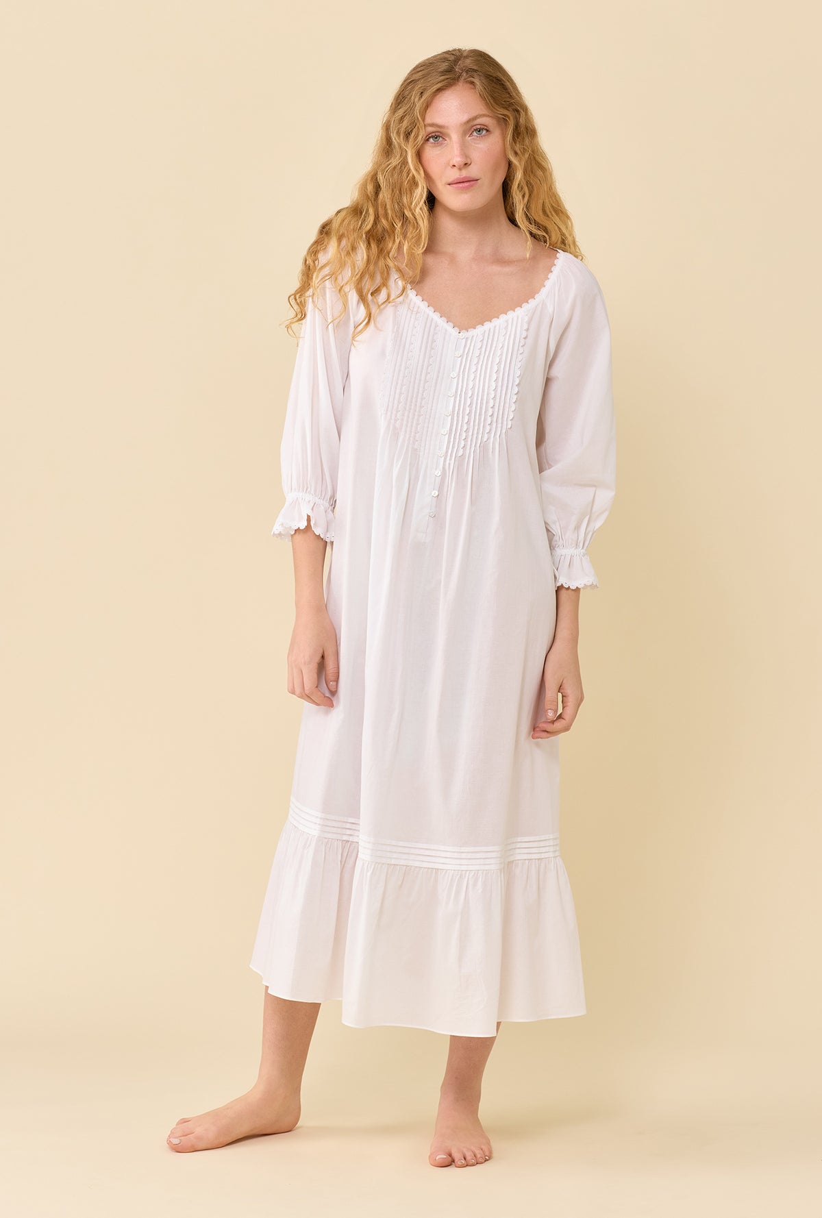 Faye Soft White 100% Cotton Woven Lawn 3/4 Sleeve Ballet Nightgown