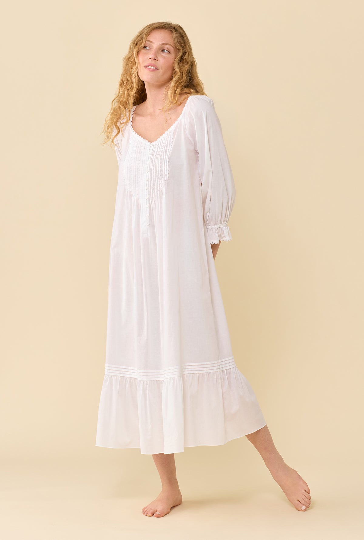 Faye Soft White 100% Cotton Woven Lawn 3/4 Sleeve Ballet Nightgown