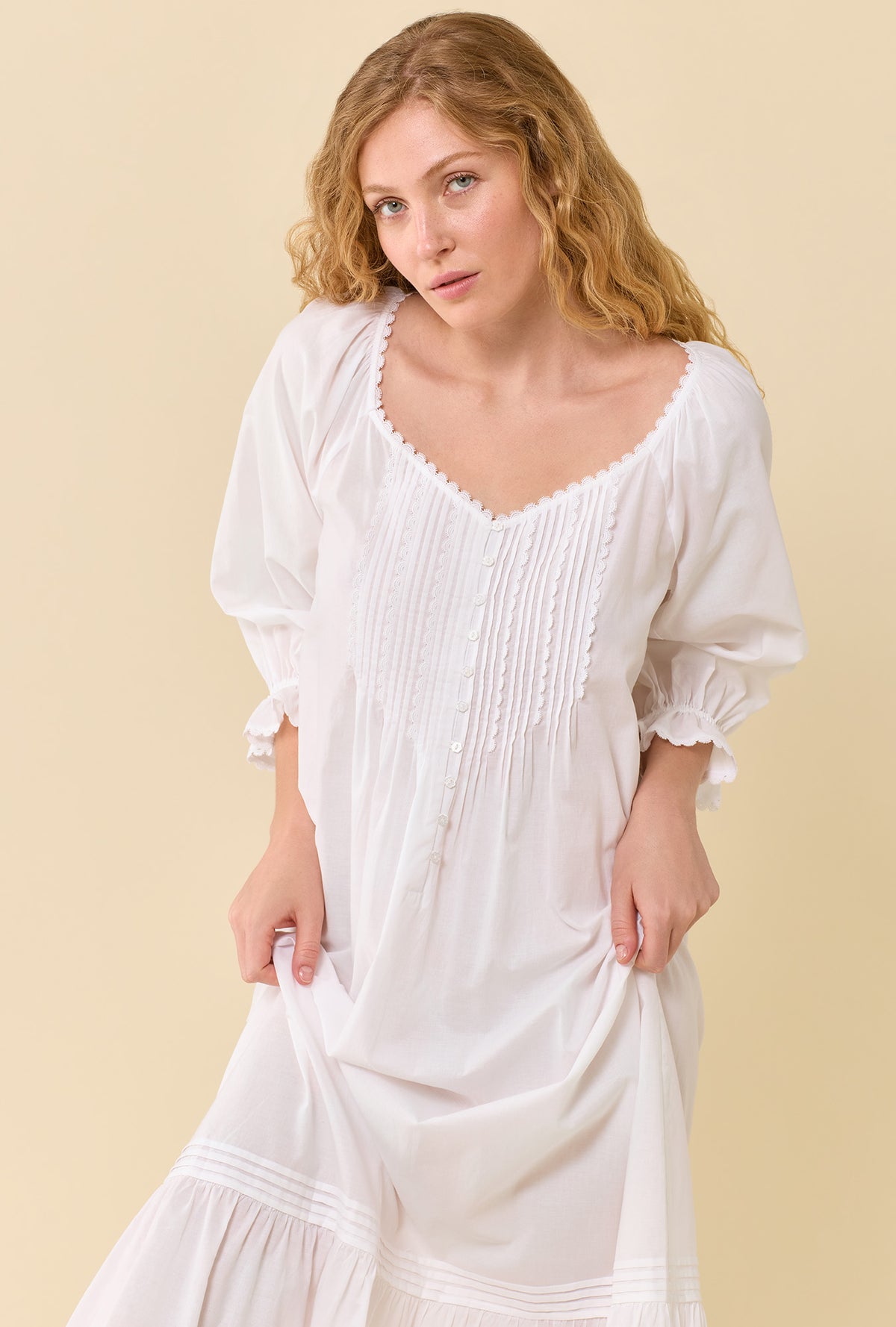 Faye Soft White 100% Cotton Woven Lawn 3/4 Sleeve Ballet Nightgown