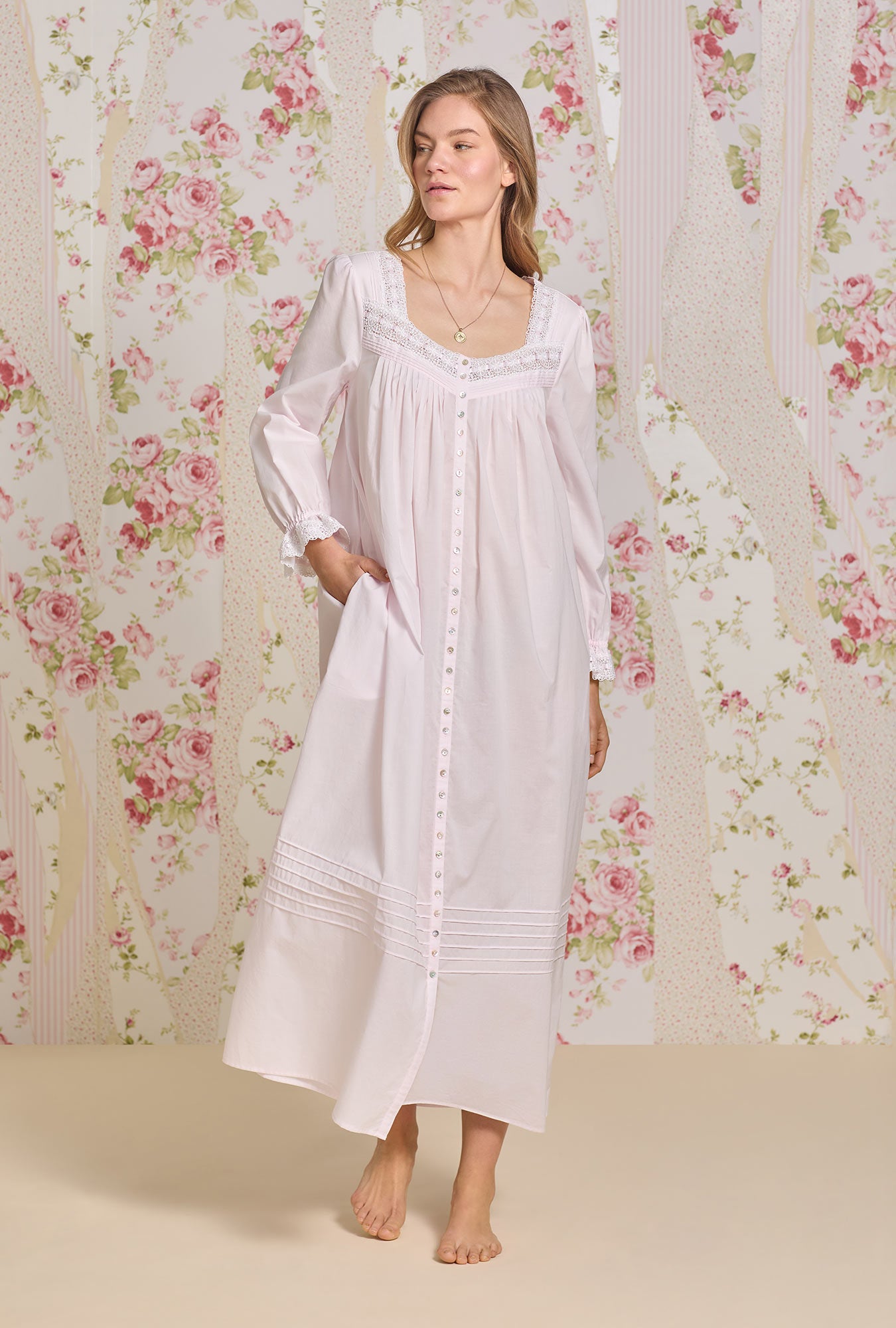 A lady wearing Rosewater Cotton Lawn Button Front Robe