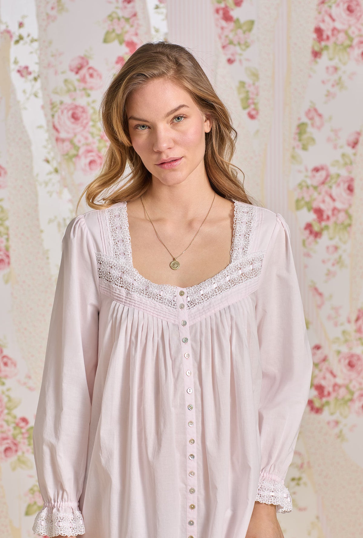 A lady wearing Rosewater Cotton Lawn Button Front Robe
