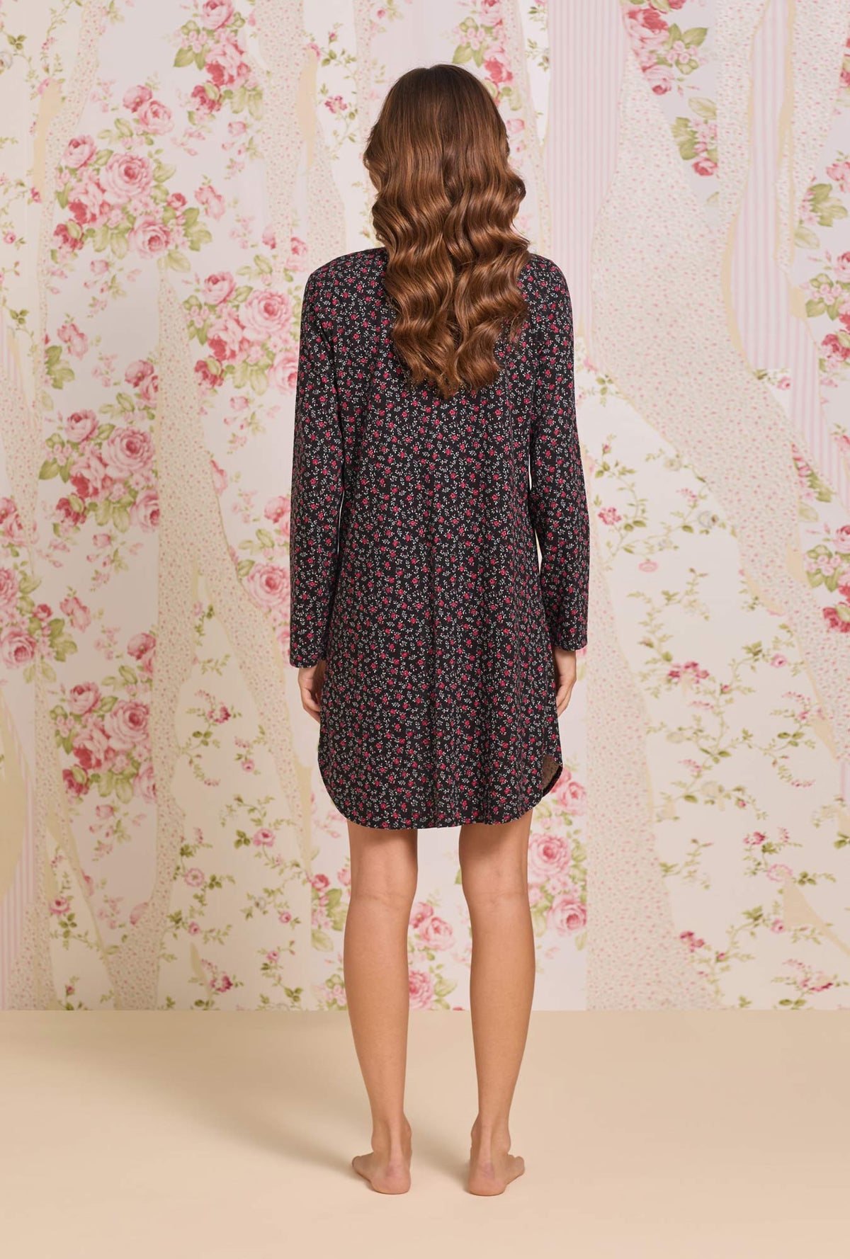 A Lady wearing Bordeaux Bloom Cotton Knit Long Sleeve Nightshirt