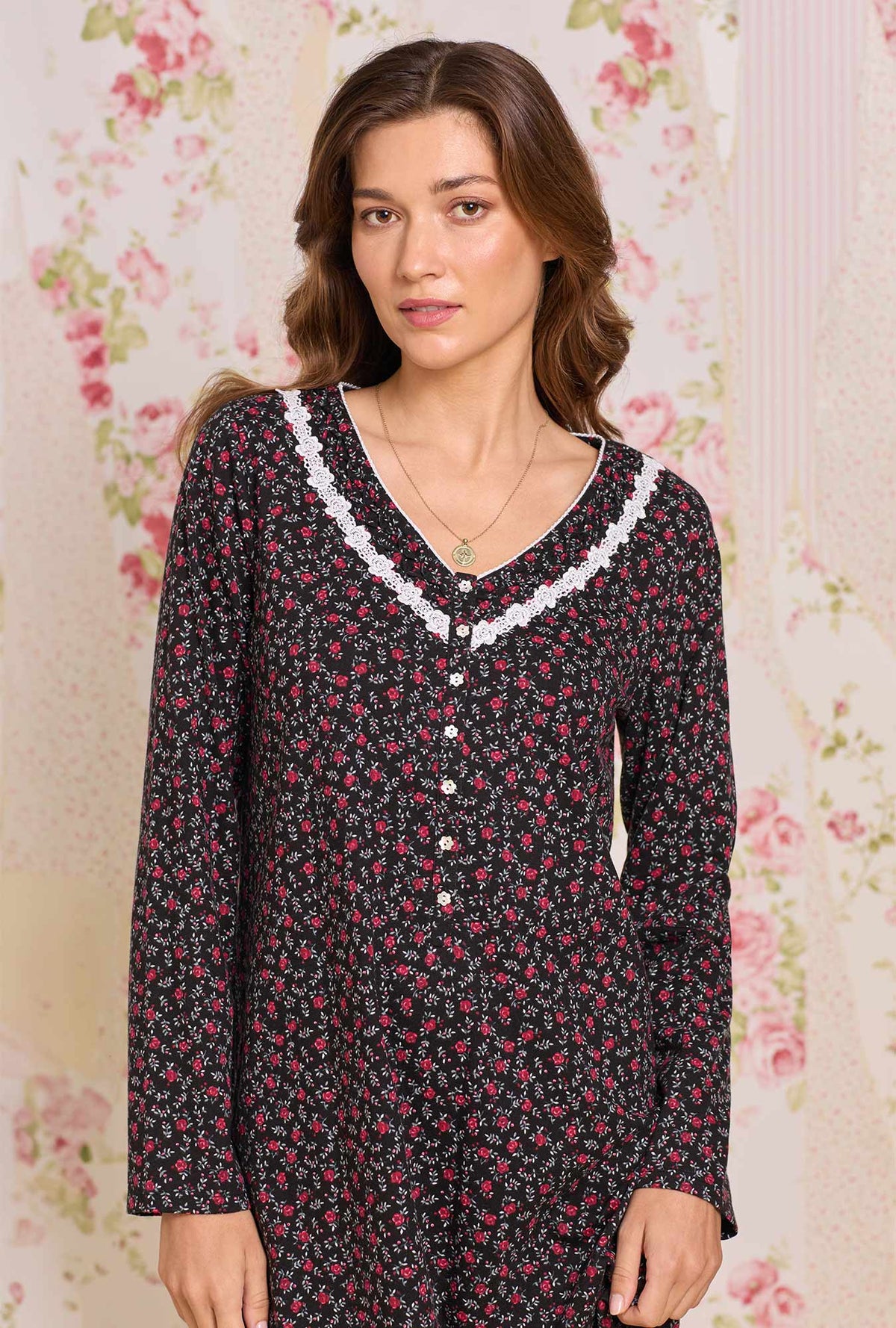 A Lady wearing Bordeaux Bloom Cotton Knit Long Sleeve Nightshirt