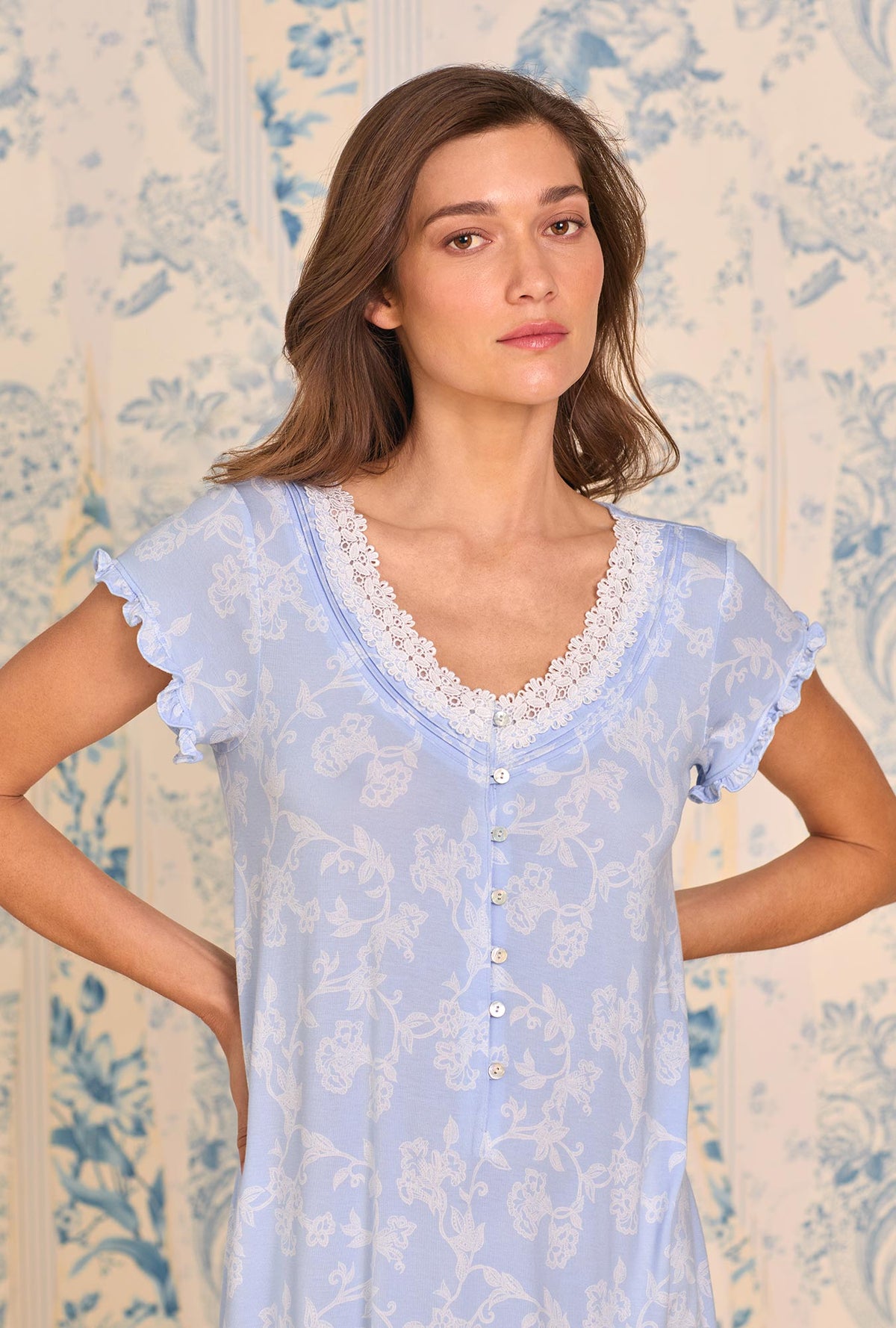 A lady wearing Blue Dawn Tencel™ Modal Nightshirt closer look