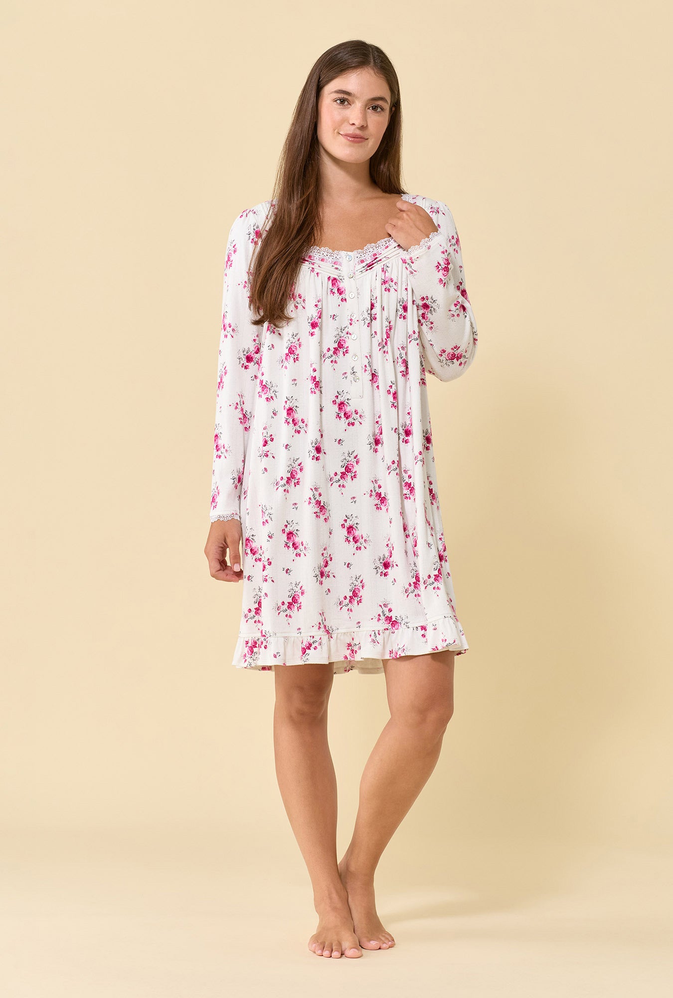 Crimson Posy Brushed Pointelle Long Sleeve Chemise