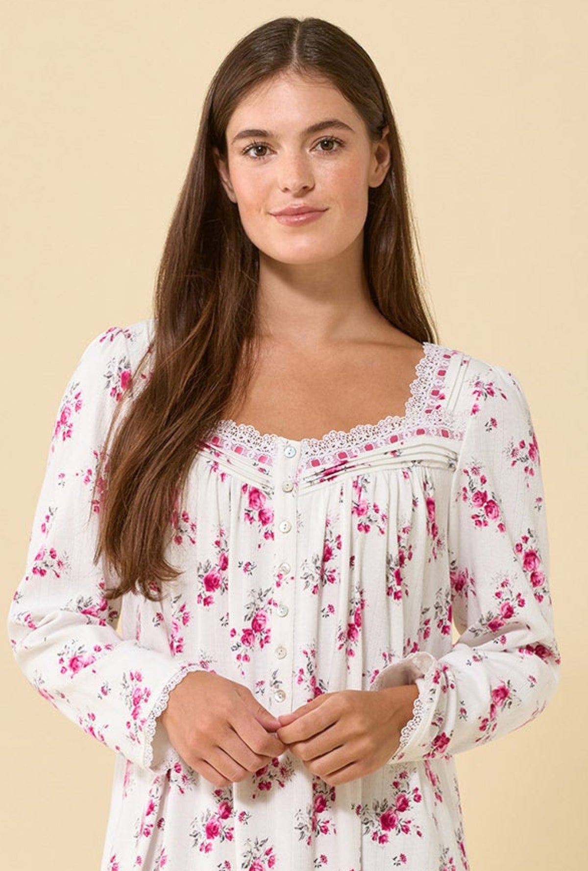 A lady wearing Crimson Posy Brushed Pointelle Long Sleeve Chemise
