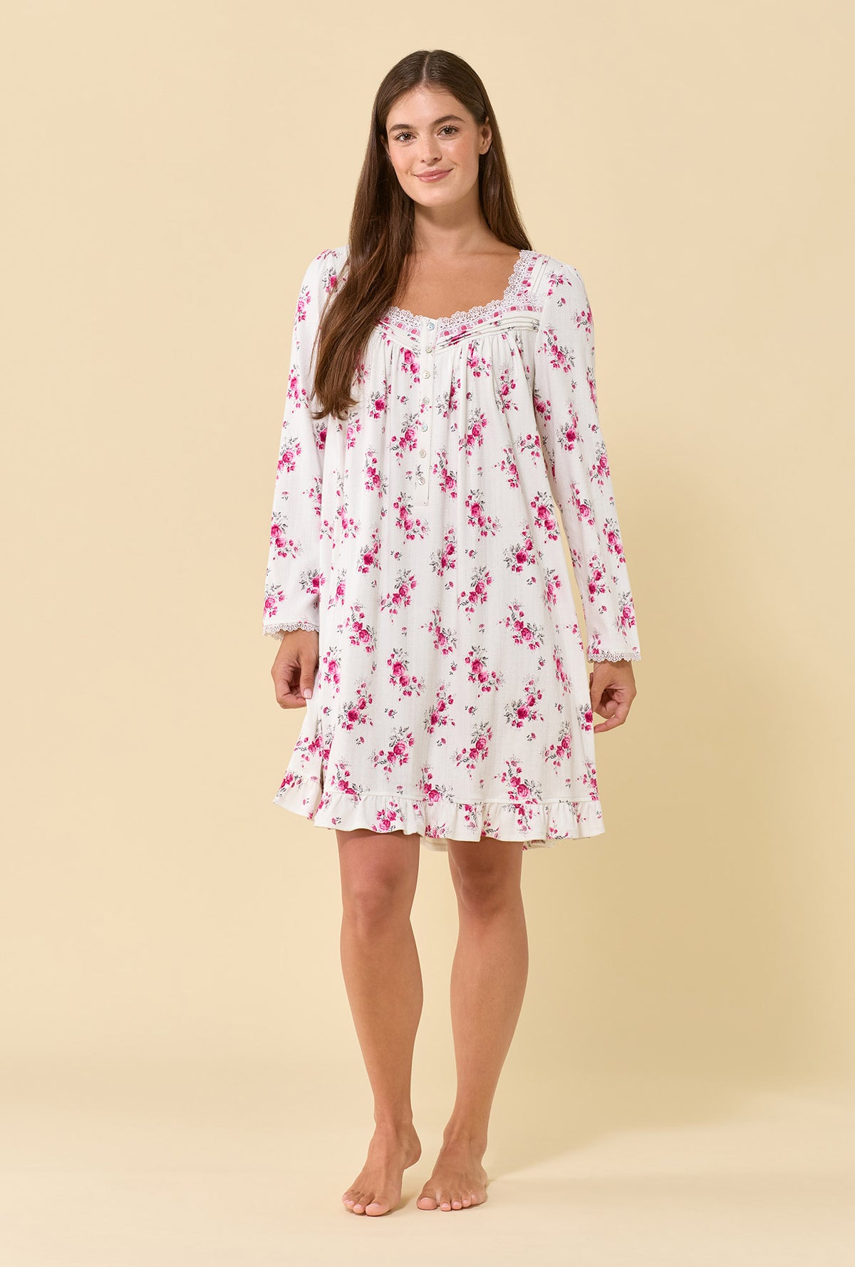 A lady wearing Crimson Posy Brushed Pointelle Long Sleeve Chemise