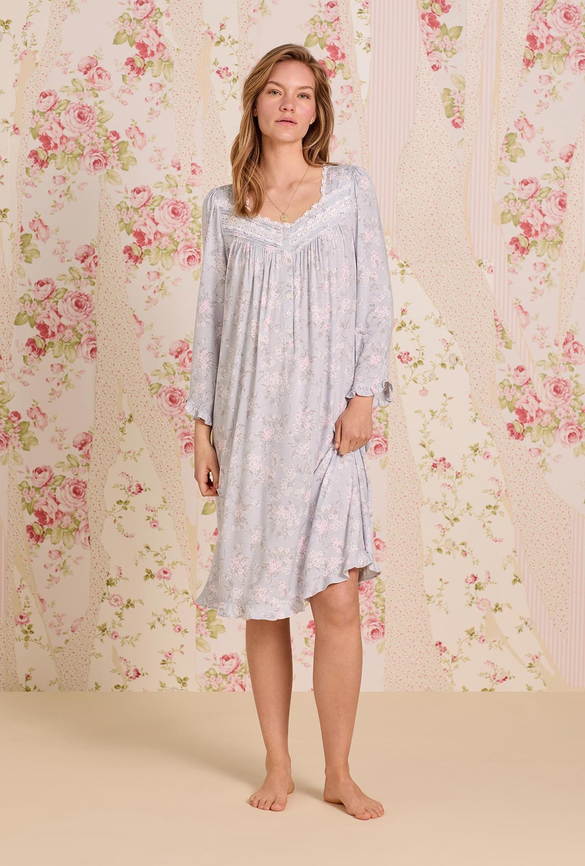 A lady wearing Blush Bouquet Tencel ™ Modal Long Sleeve Waltz Nightgown