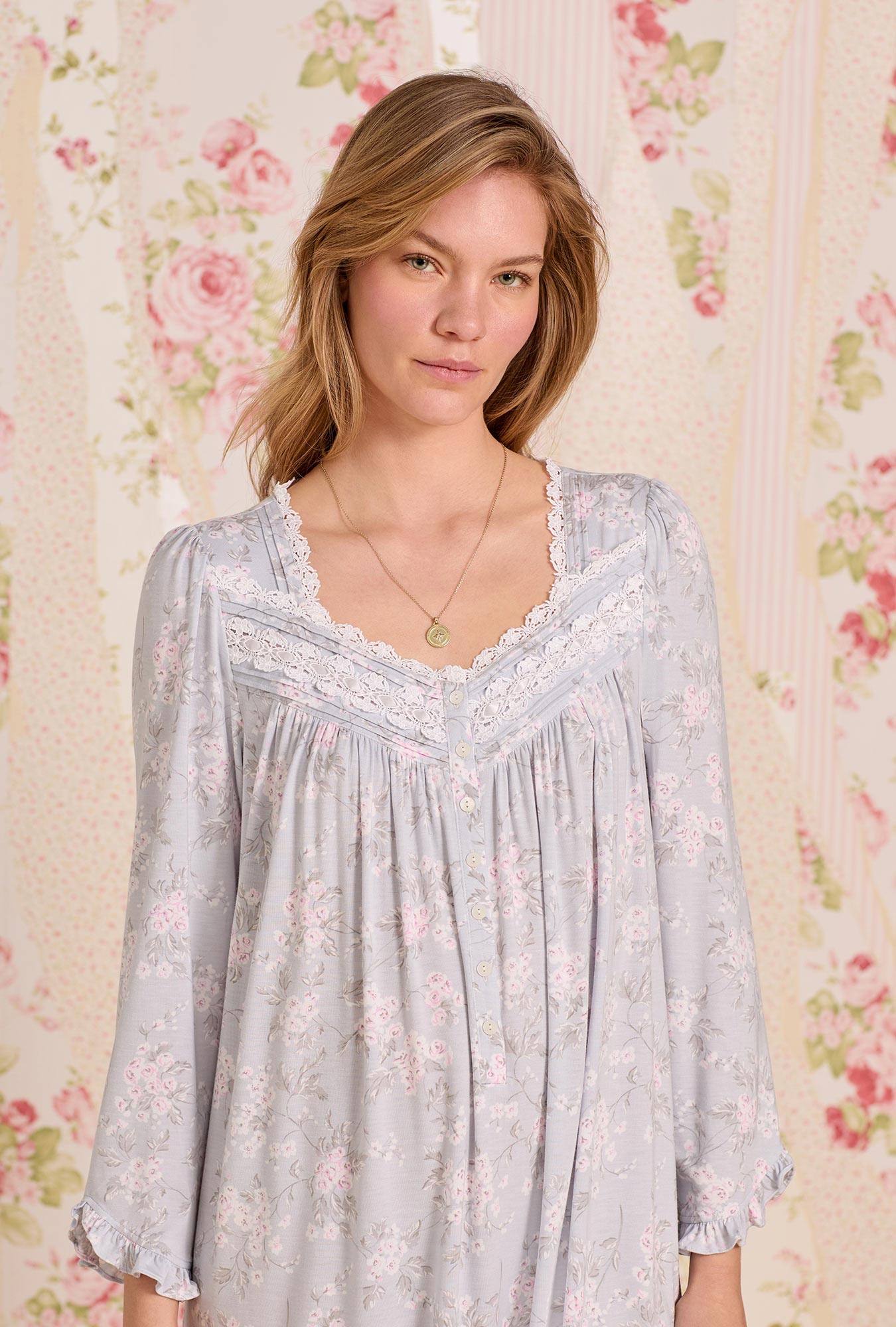 A lady wearing Blush Bouquet Tencel ™ Modal Long Sleeve Waltz Nightgown