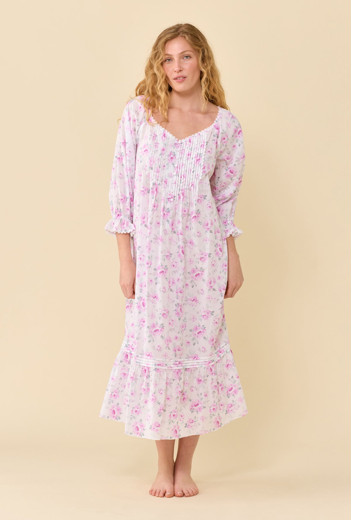 Faye Antique Rose 100% Cotton Woven Lawn 3/4 Sleeve Ballet Nightgown
