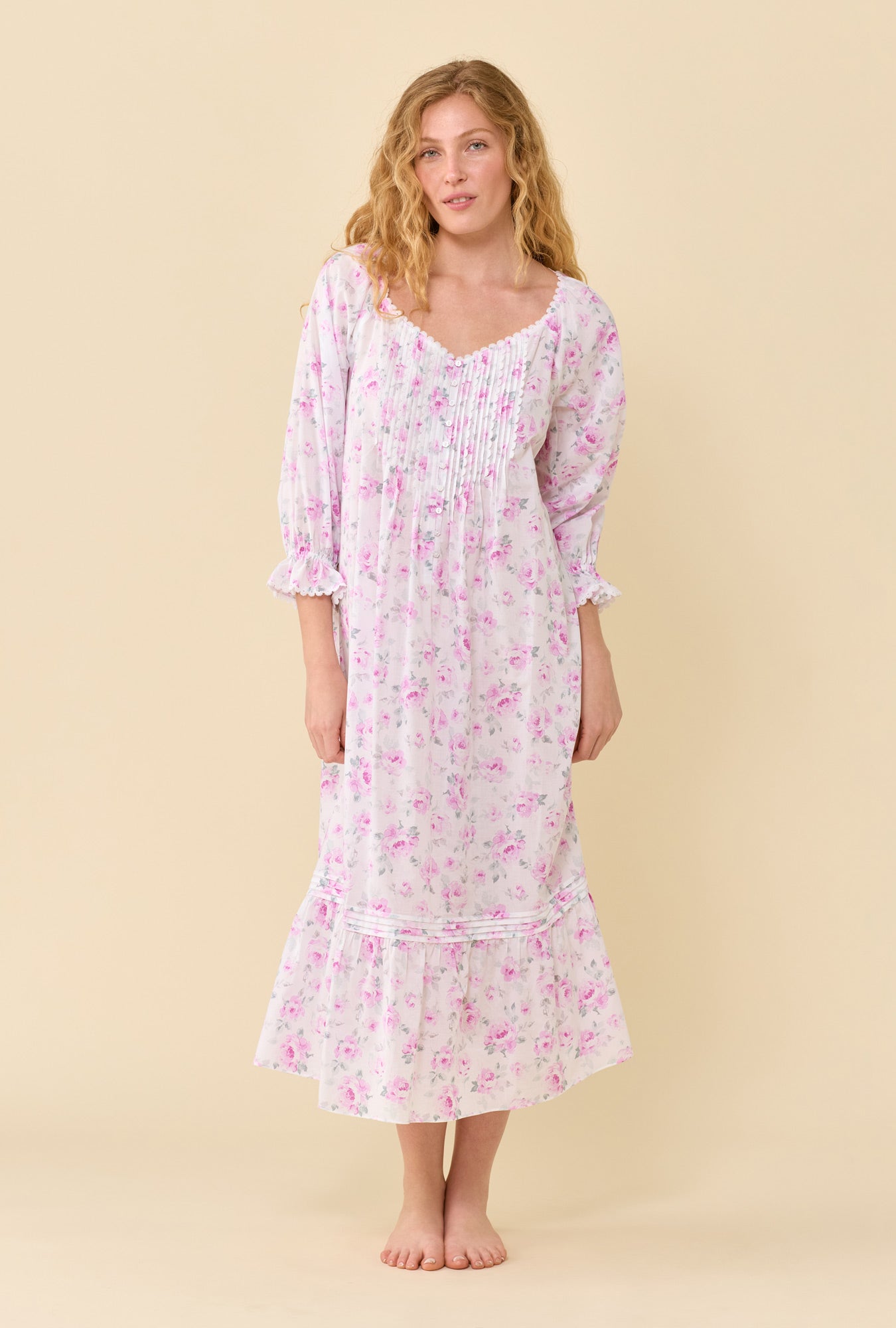 A lady wearing Faye Antique Rose 100% Cotton Woven Lawn 3/4 Sleeve Ballet Nightgown