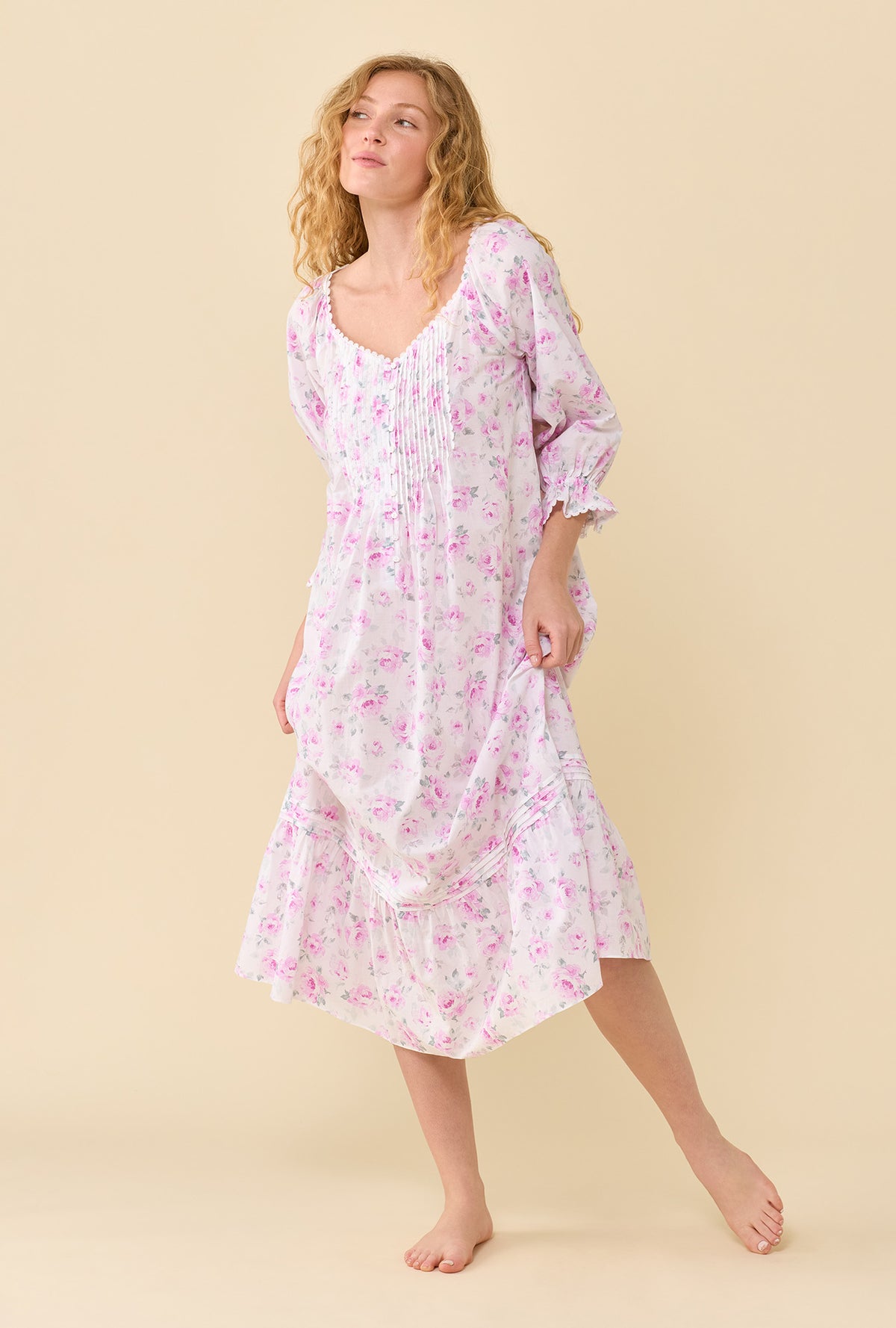 Faye Antique Rose 100% Cotton Woven Lawn 3/4 Sleeve Ballet Nightgown