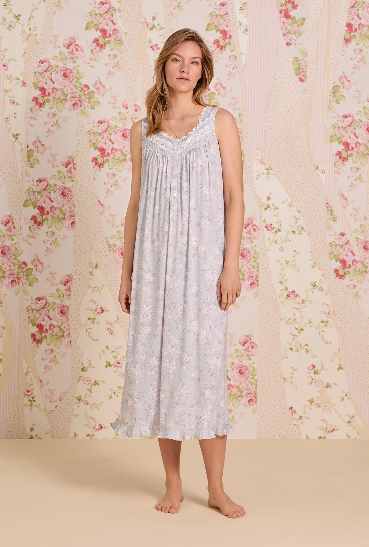 A lady wearing The &quot;Eileen&quot; Blush Bouquet Tencel™ Modal Ballet Nightgown