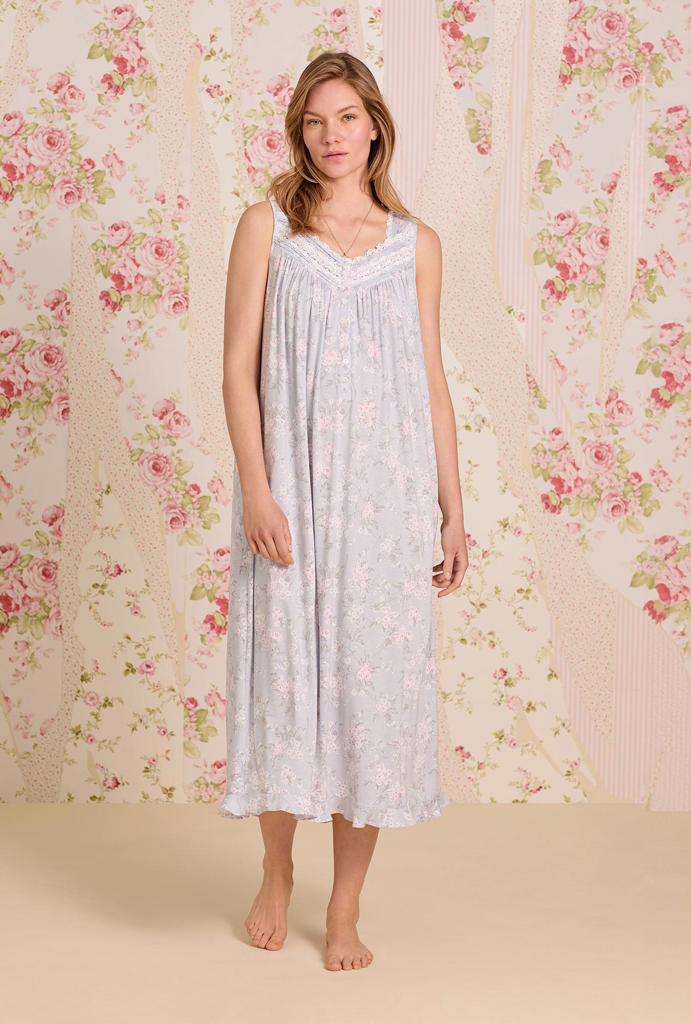 A lady wearing The "Eileen" Blush Bouquet Tencel™ Modal Ballet Nightgown