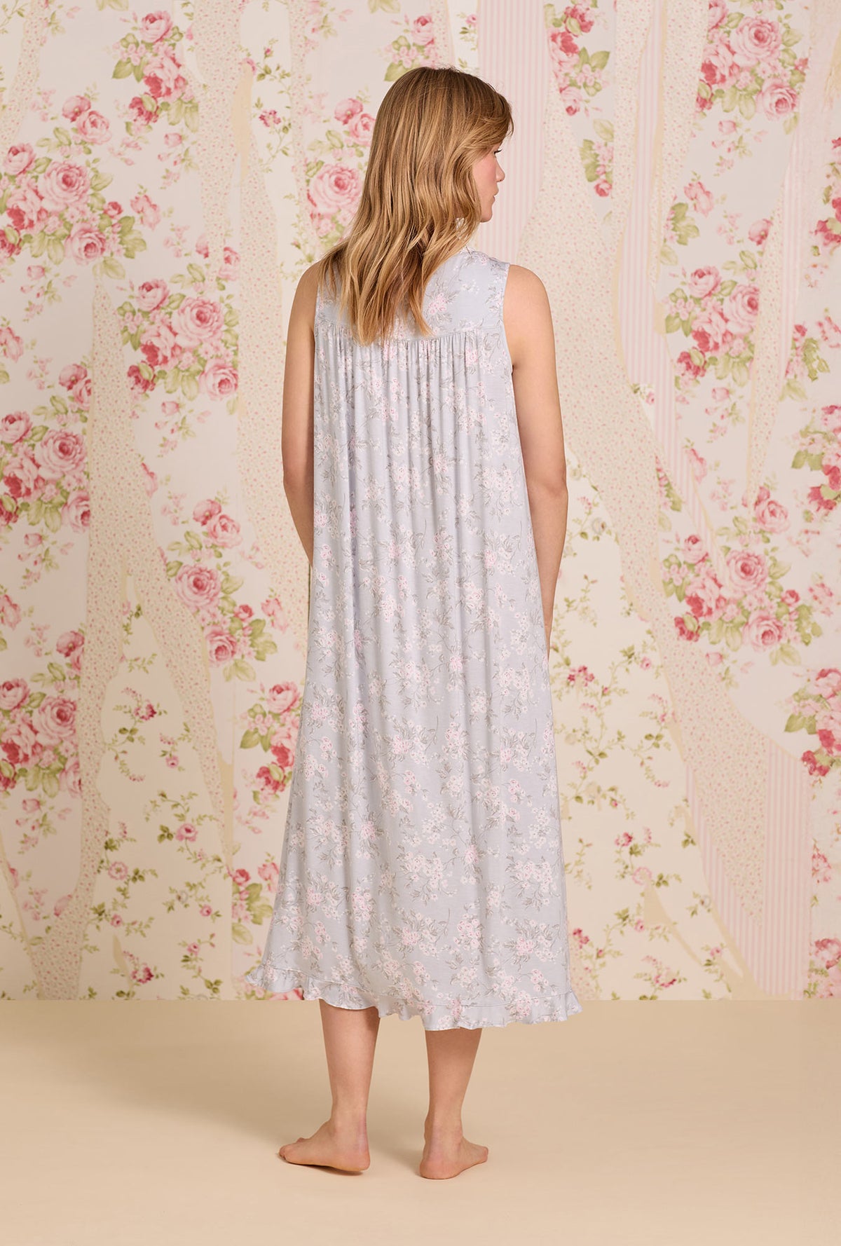 A lady wearing The &quot;Eileen&quot; Blush Bouquet Tencel™ Modal Ballet Nightgown