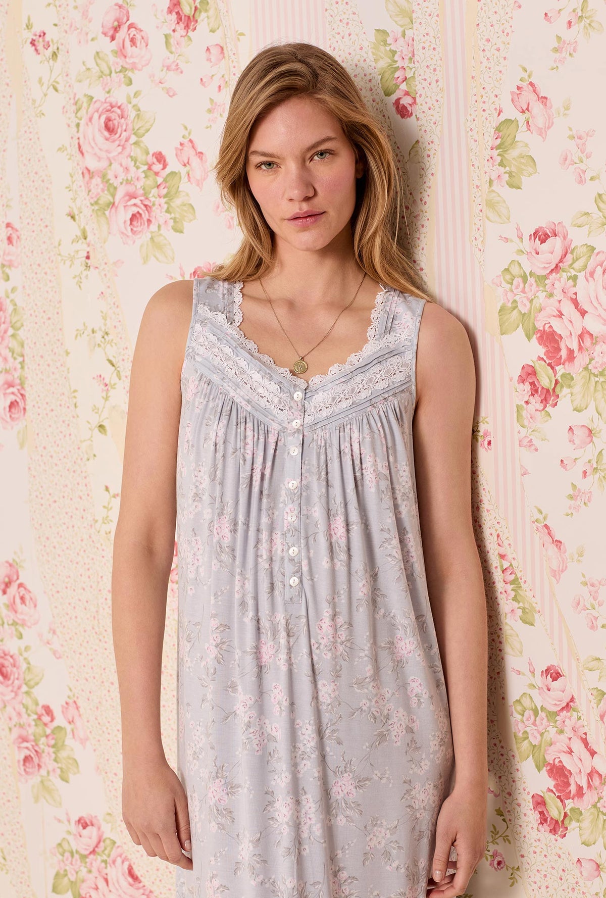 A lady wearing The &quot;Eileen&quot; Blush Bouquet Tencel™ Modal Ballet Nightgown