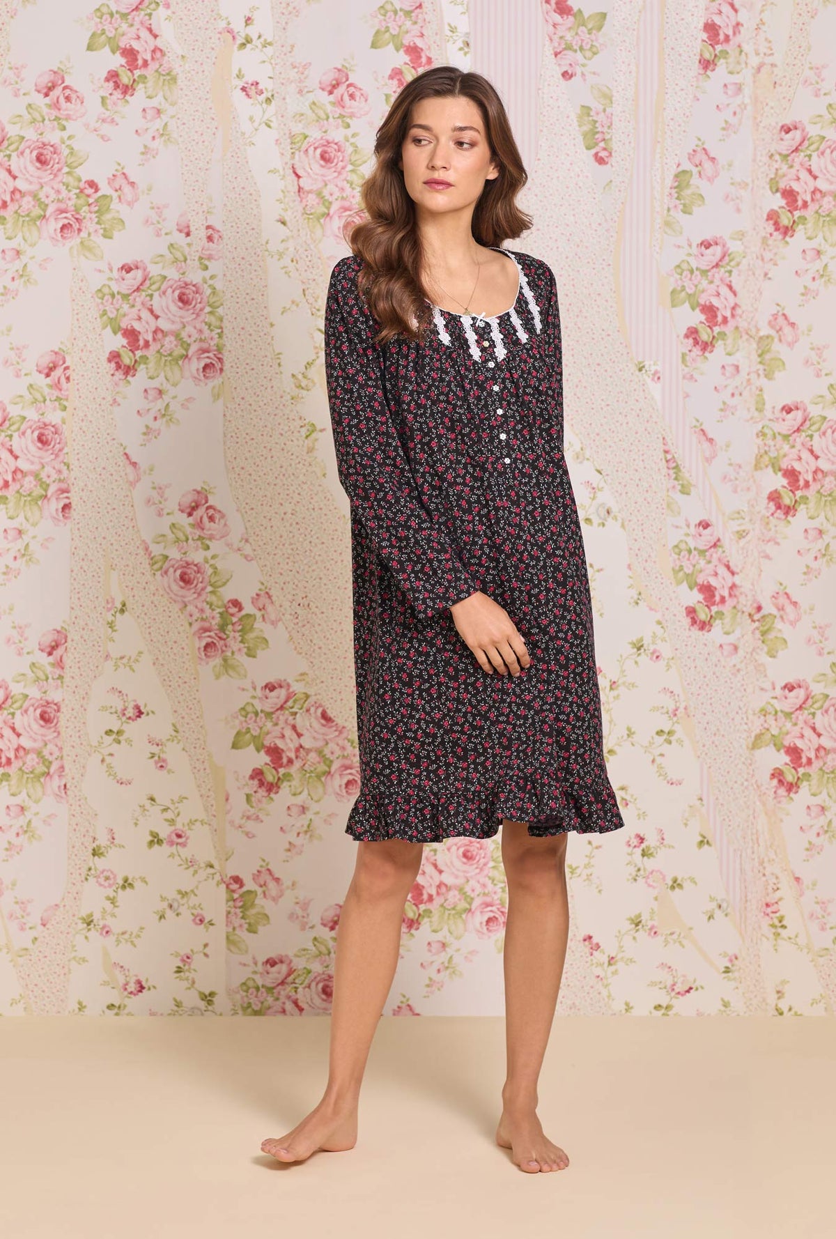A Lady wearing Bordeaux Bloom Cotton Knit Long Sleeve Short Nightgown