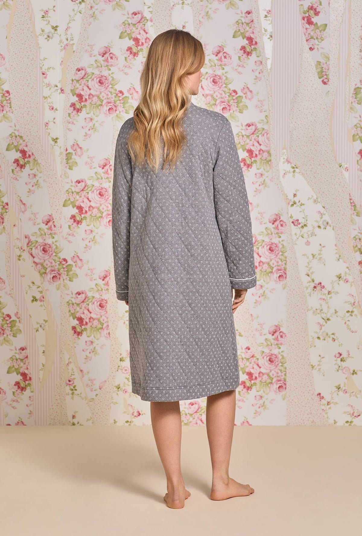 A lady wearing Moonstone Cotton Diamond Quilt Zip Robe
