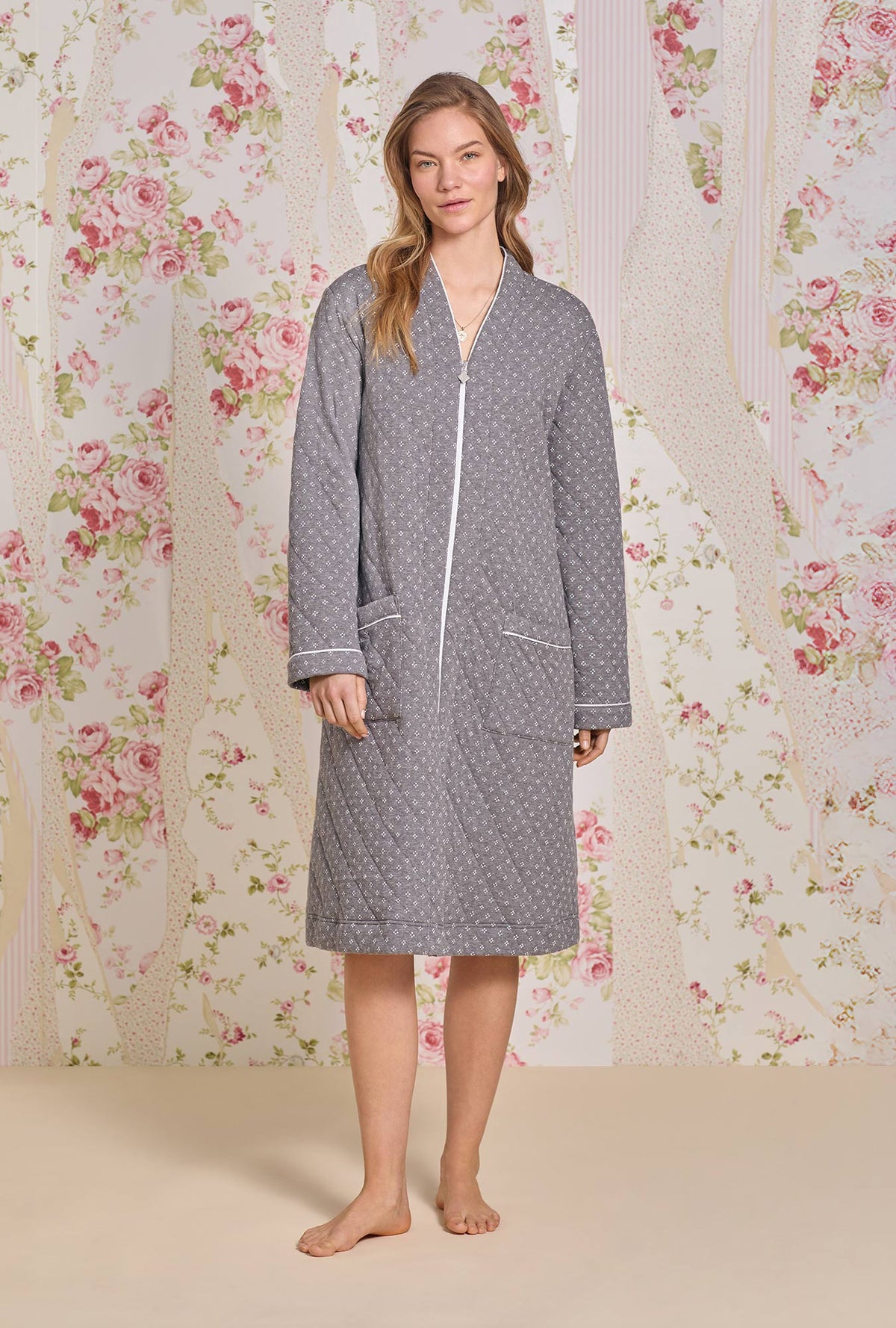 A lady wearing Moonstone Cotton Diamond Quilt Zip Robe