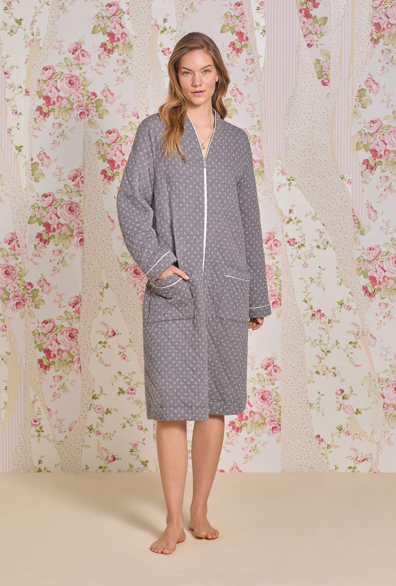 A lady wearing Moonstone Cotton Diamond Quilt Zip Robe