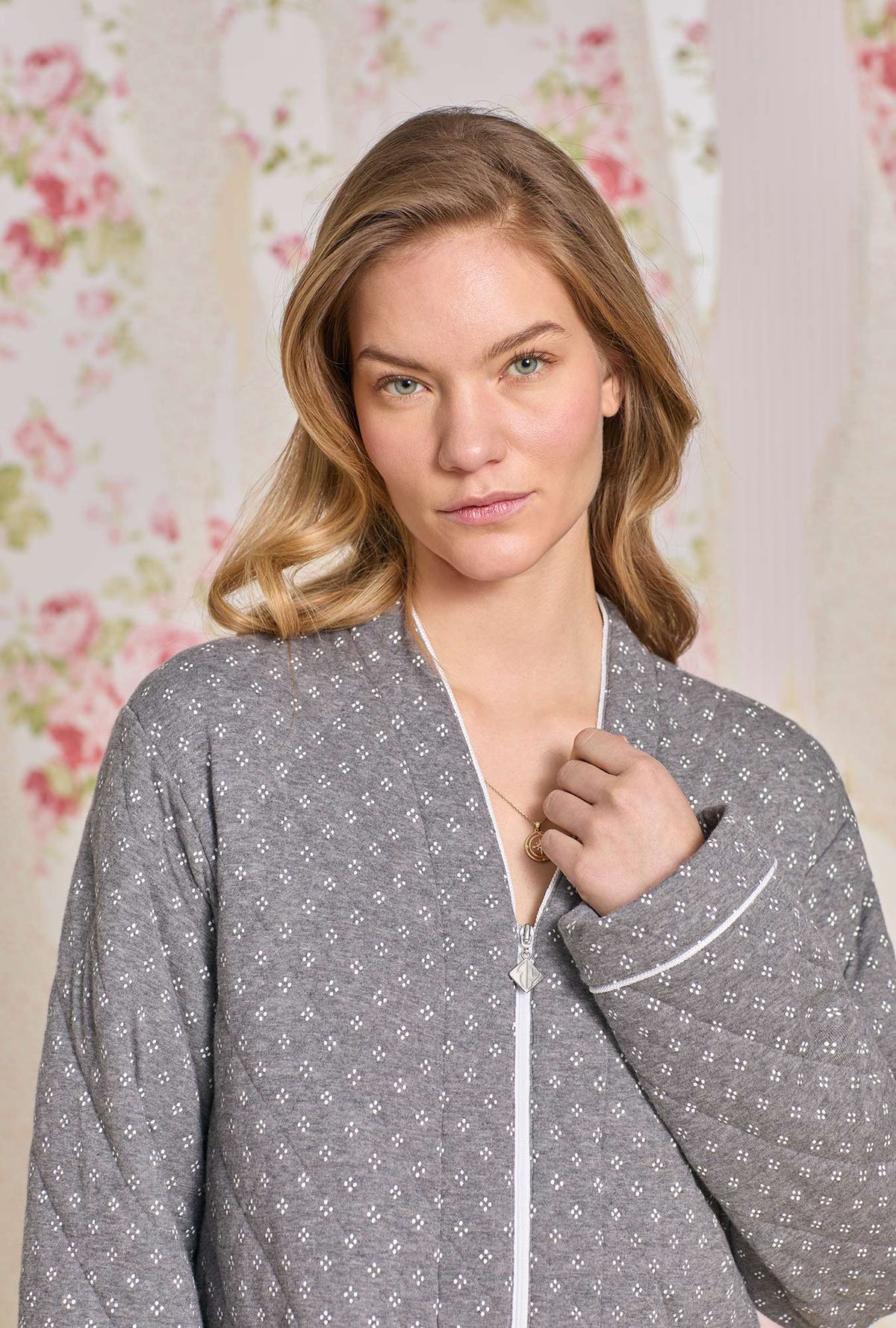 A lady wearing Moonstone Cotton Diamond Quilt Zip Robe