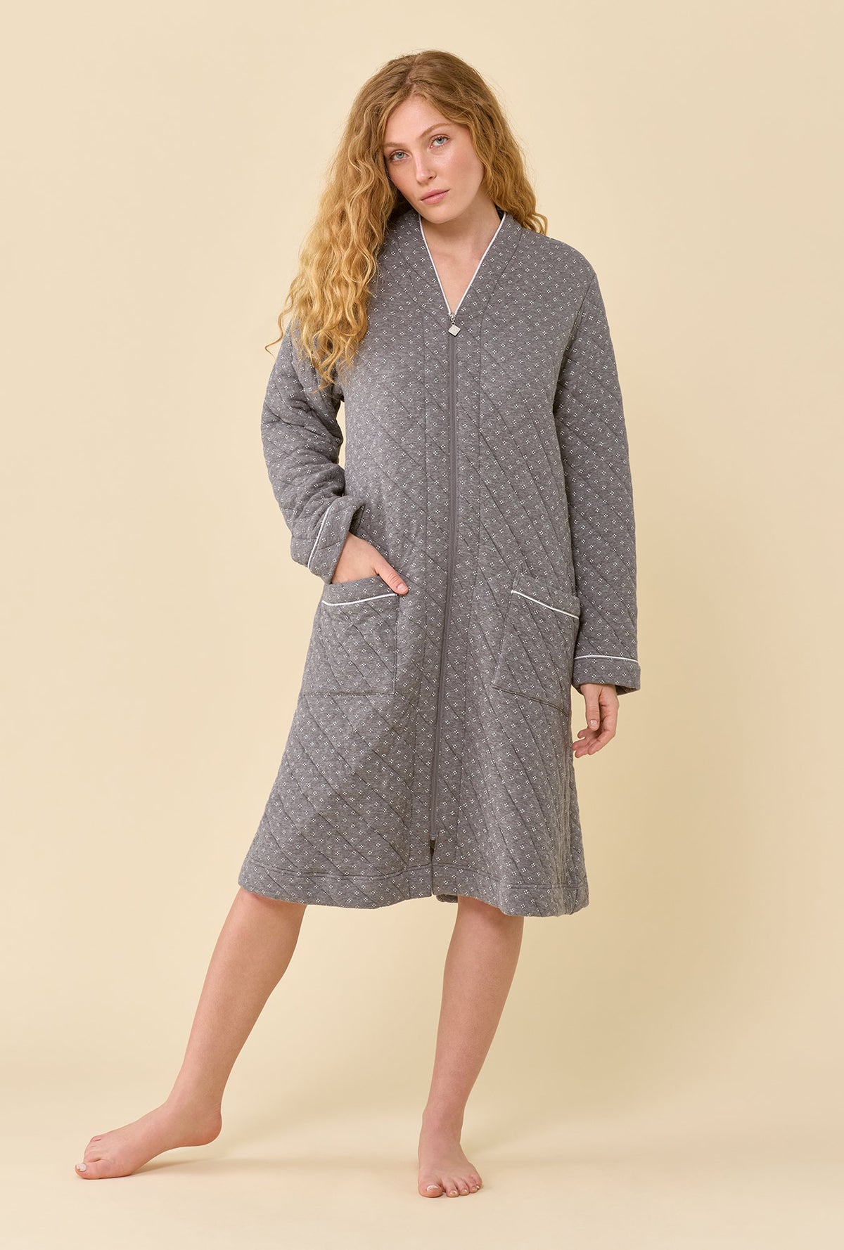 A lady wearing Gray Pearl Cotton Rich Diamond Quilt Waltz Zip Robe