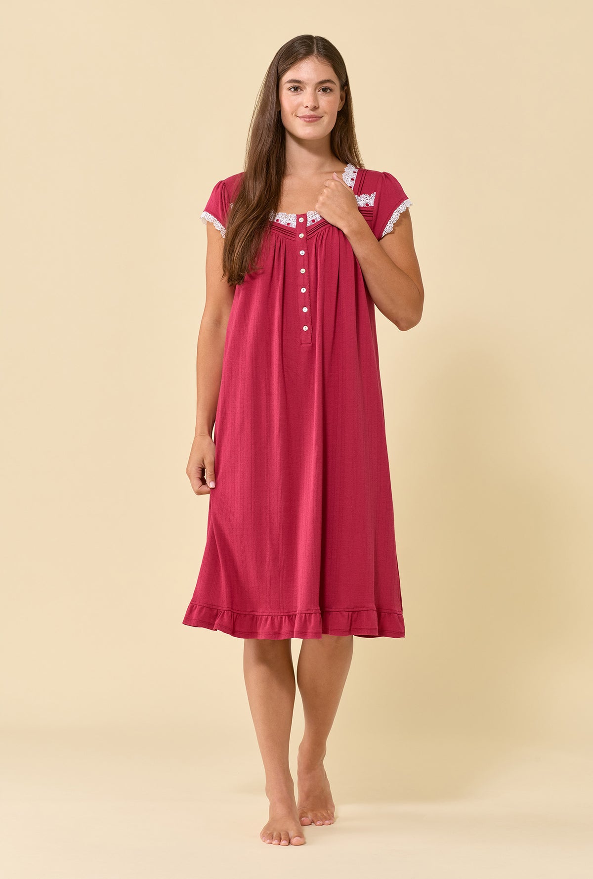 A lady wearing Bordeaux Brushed Pointelle Cap Sleeve Waltz Nightgown