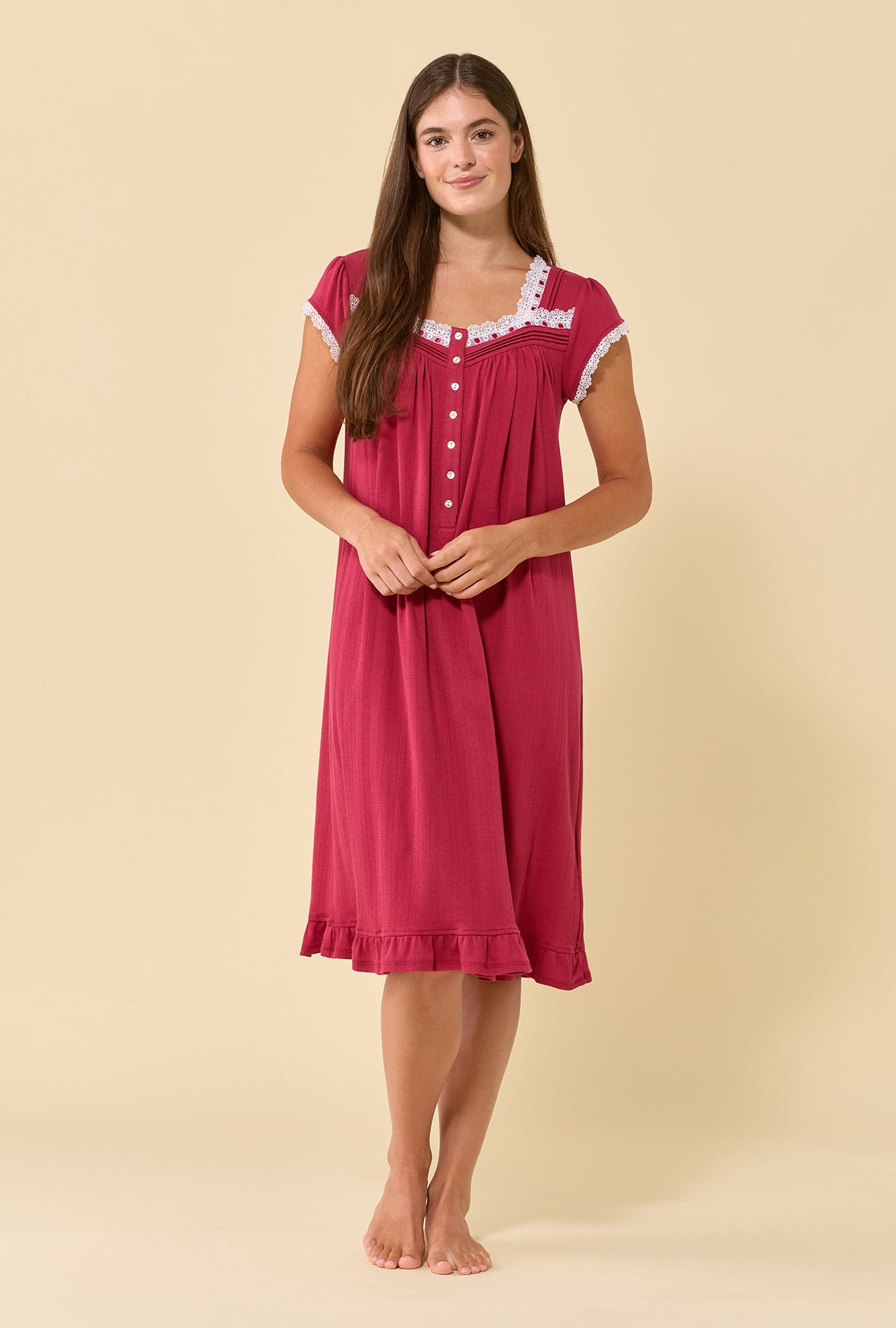 A lady wearing Bordeaux Brushed Pointelle Cap Sleeve Waltz Nightgown