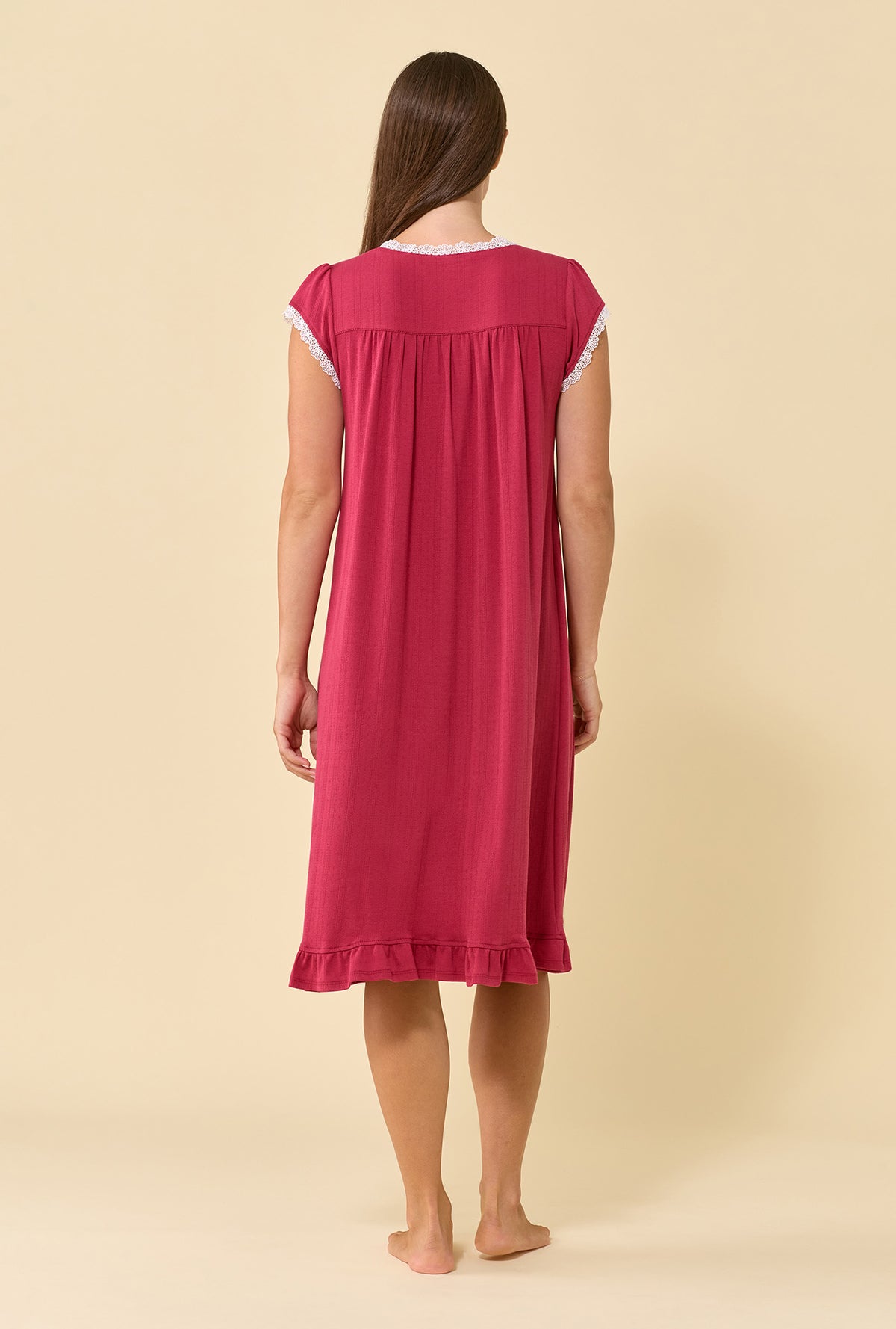 A lady wearing Bordeaux Brushed Pointelle Cap Sleeve Waltz Nightgown