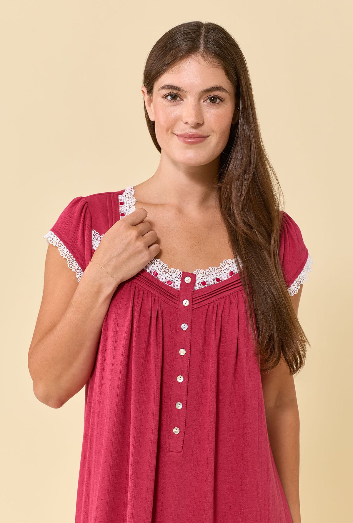 A lady wearing Bordeaux Brushed Pointelle Cap Sleeve Waltz Nightgown