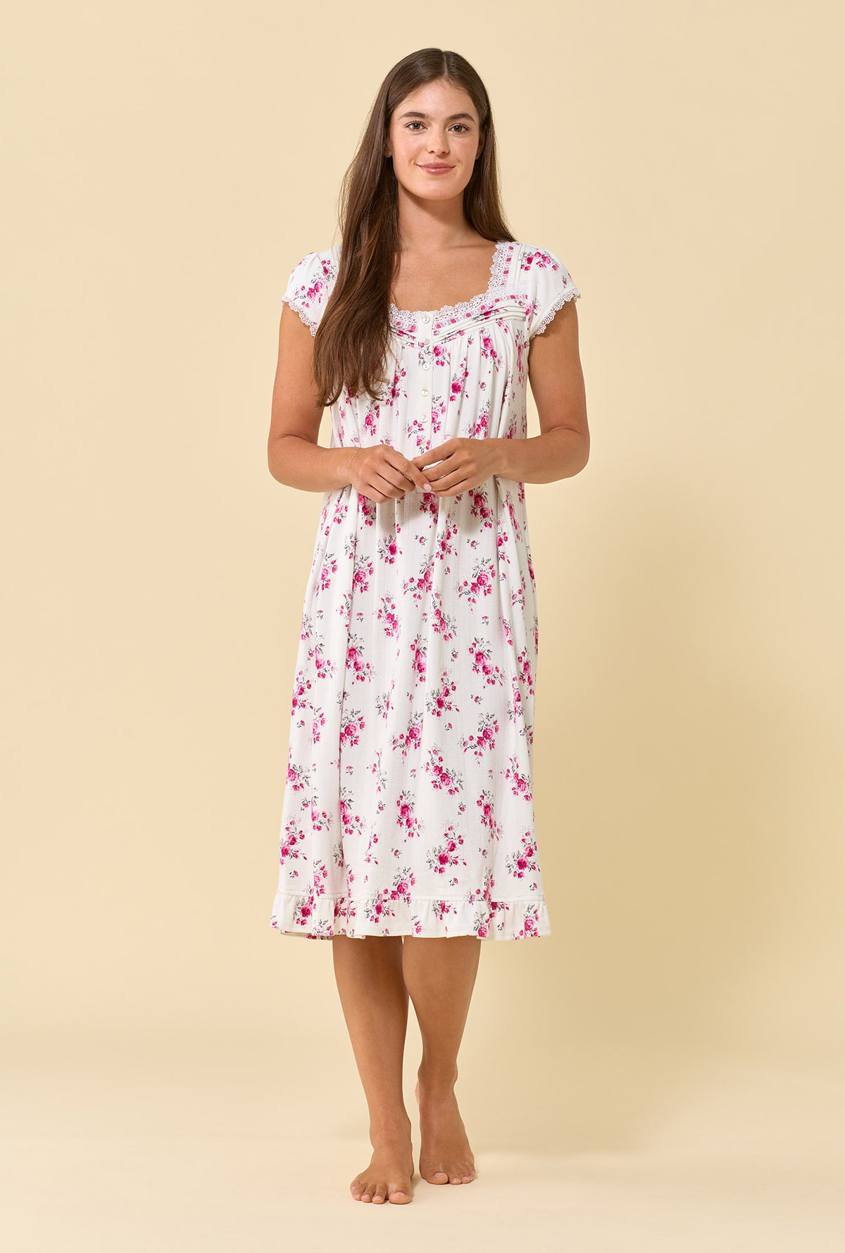 A lady wearing Crimson Posy Brushed Pointelle Cap Sleeve Waltz Nightgown