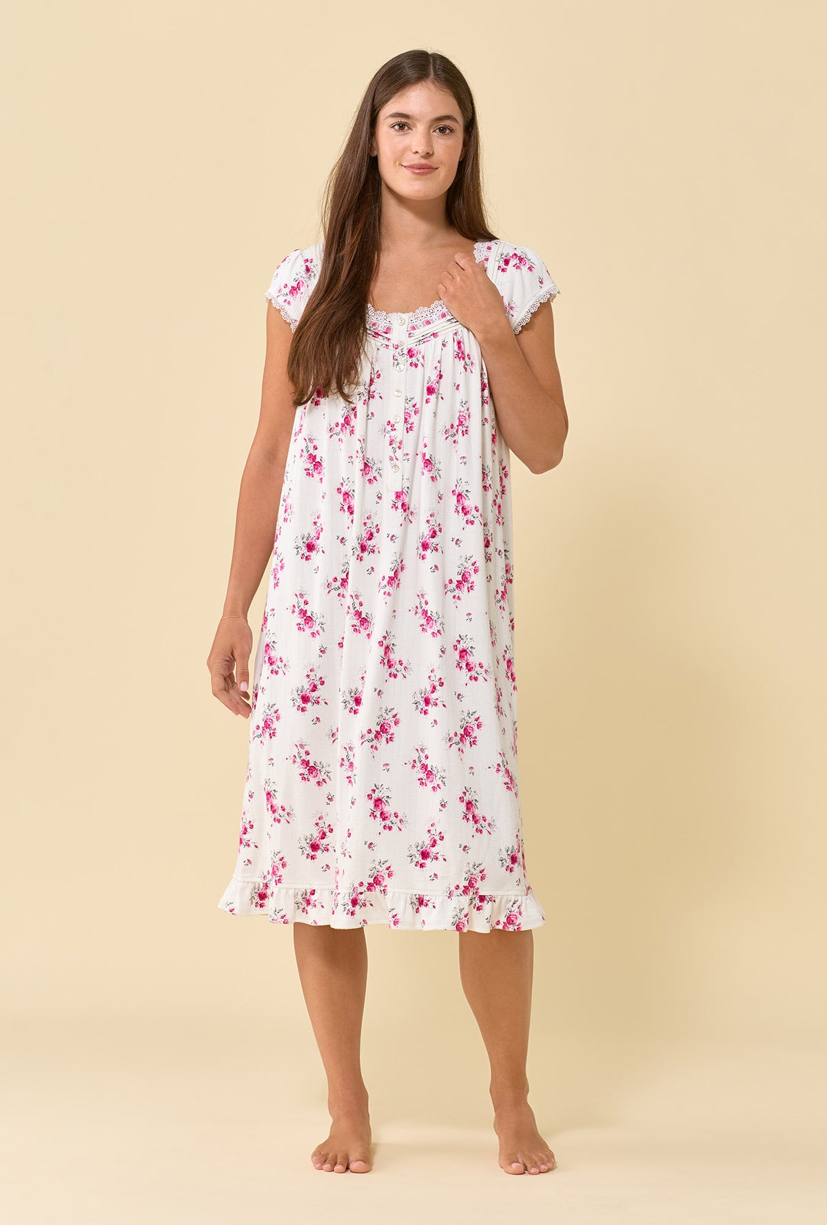 A lady wearing Crimson Posy Brushed Pointelle Cap Sleeve Waltz Nightgown