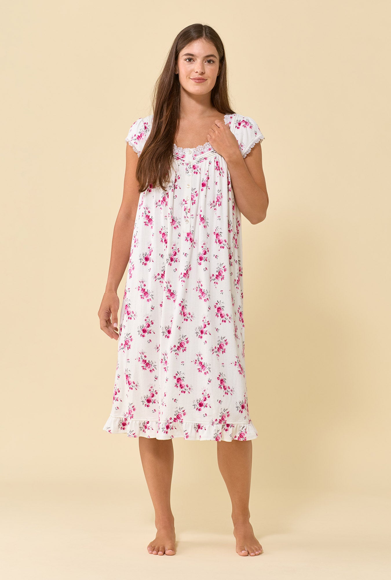 Crimson Posy Brushed Pointelle Cap Sleeve Waltz Nightgown