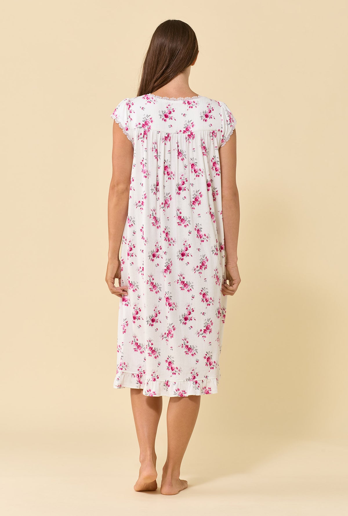 A lady wearing Crimson Posy Brushed Pointelle Cap Sleeve Waltz Nightgown