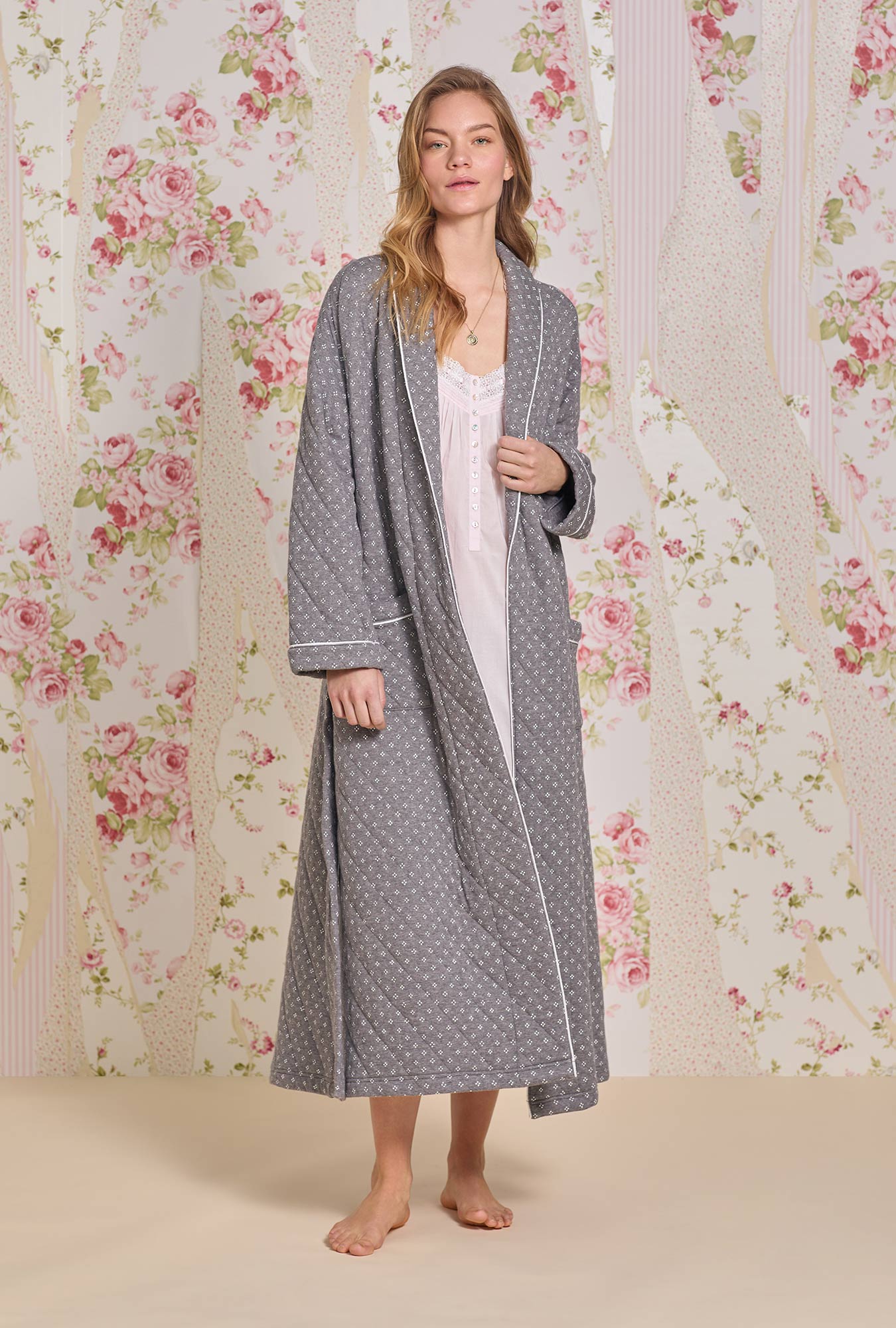 A lady wearing Moonstone Cotton Diamond Quilt Wrap Robe