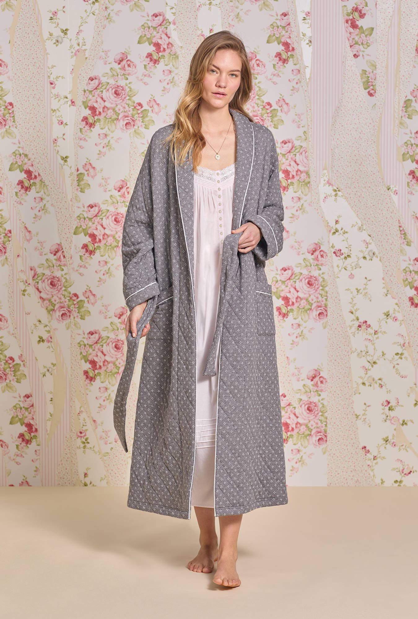 A lady wearing Moonstone Cotton Diamond Quilt Wrap Robe
