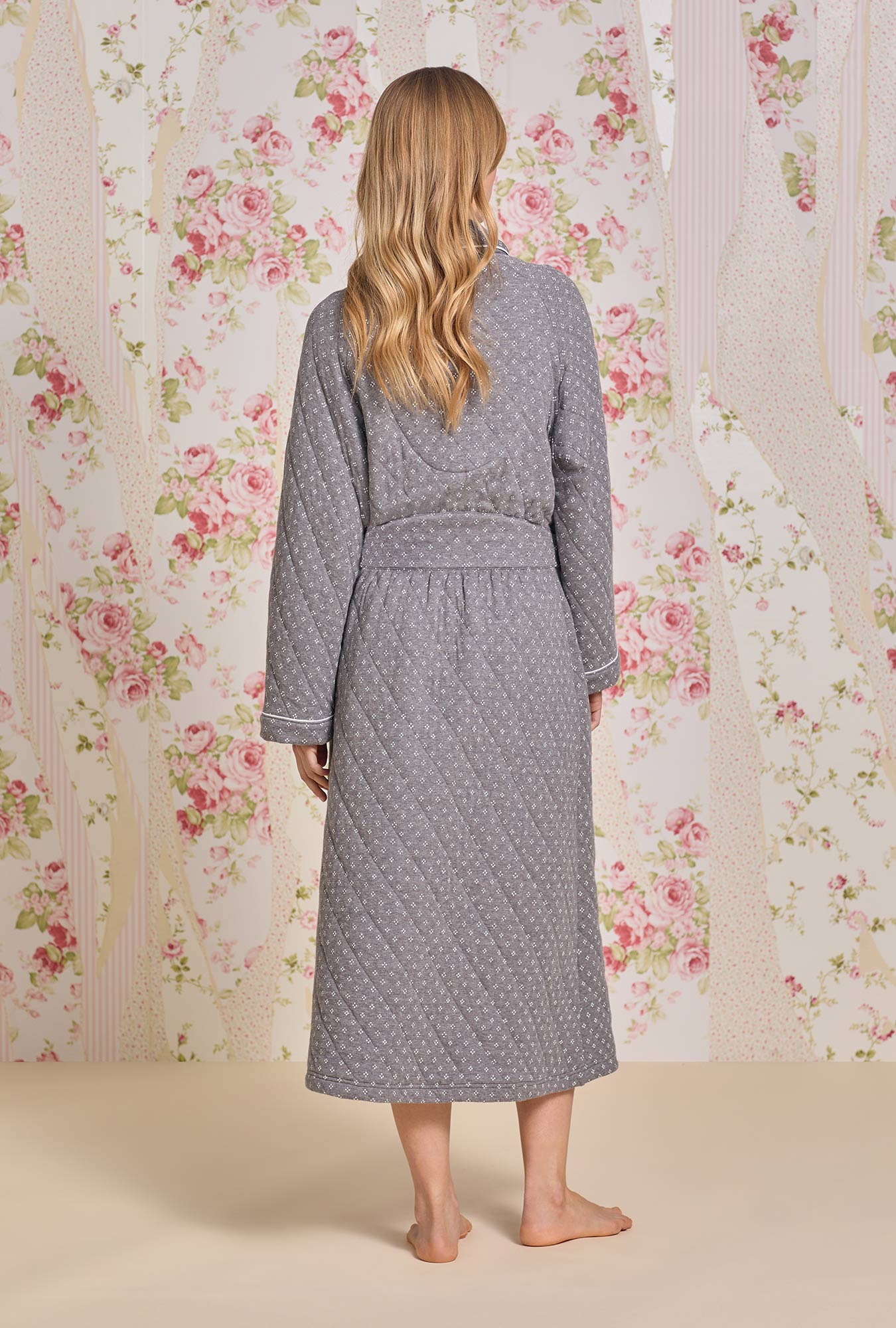 A lady wearing Moonstone Cotton Diamond Quilt Wrap Robe