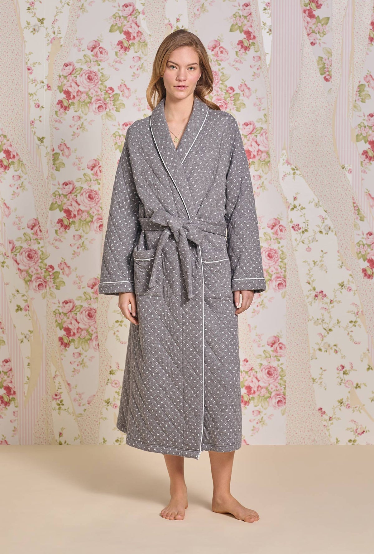 A lady wearing Moonstone Cotton Diamond Quilt Wrap Robe