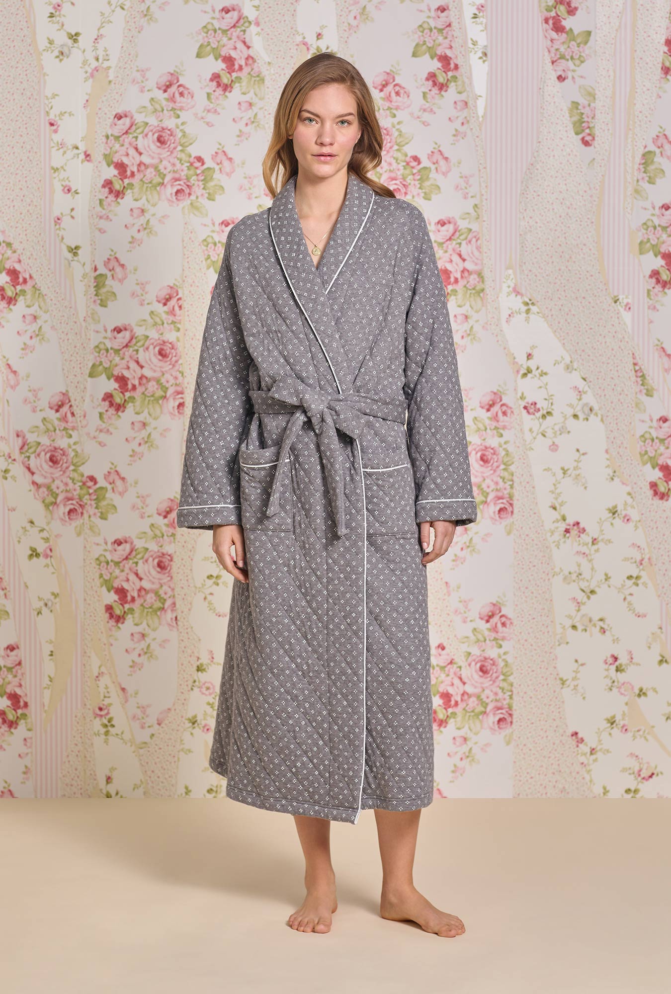 A lady wearing Moonstone Cotton Diamond Quilt Wrap Robe
