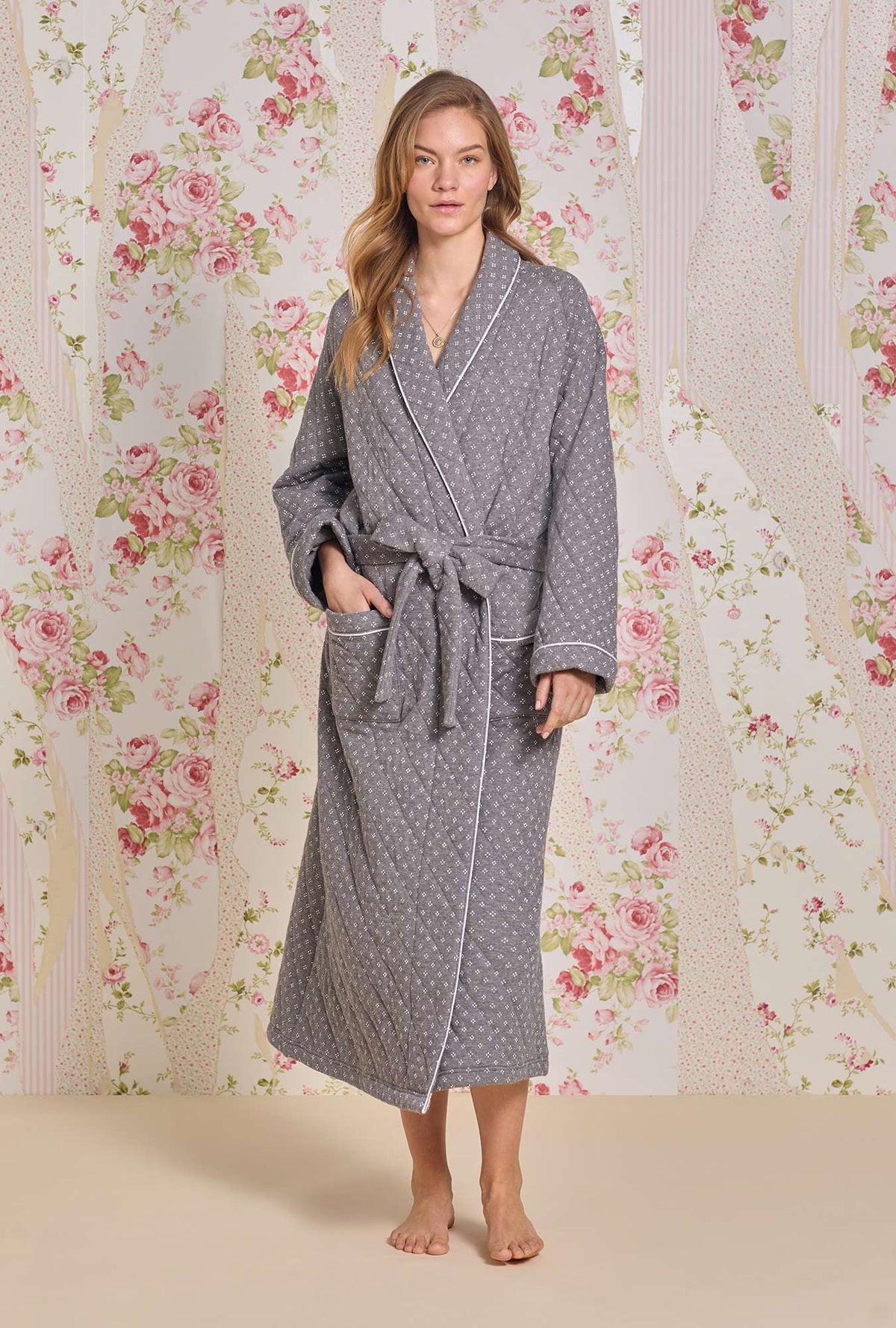 A lady wearing Moonstone Cotton Diamond Quilt Wrap Robe
