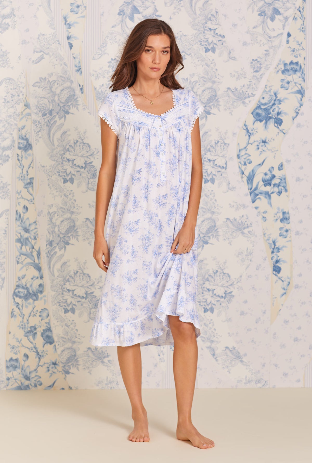 A lady wearing blue short Sleeve Nightgown with Whisper Blue Hydrangea print
