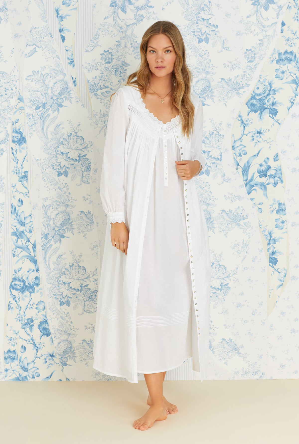 Iconic White Cotton Woven Long Button Front Robe