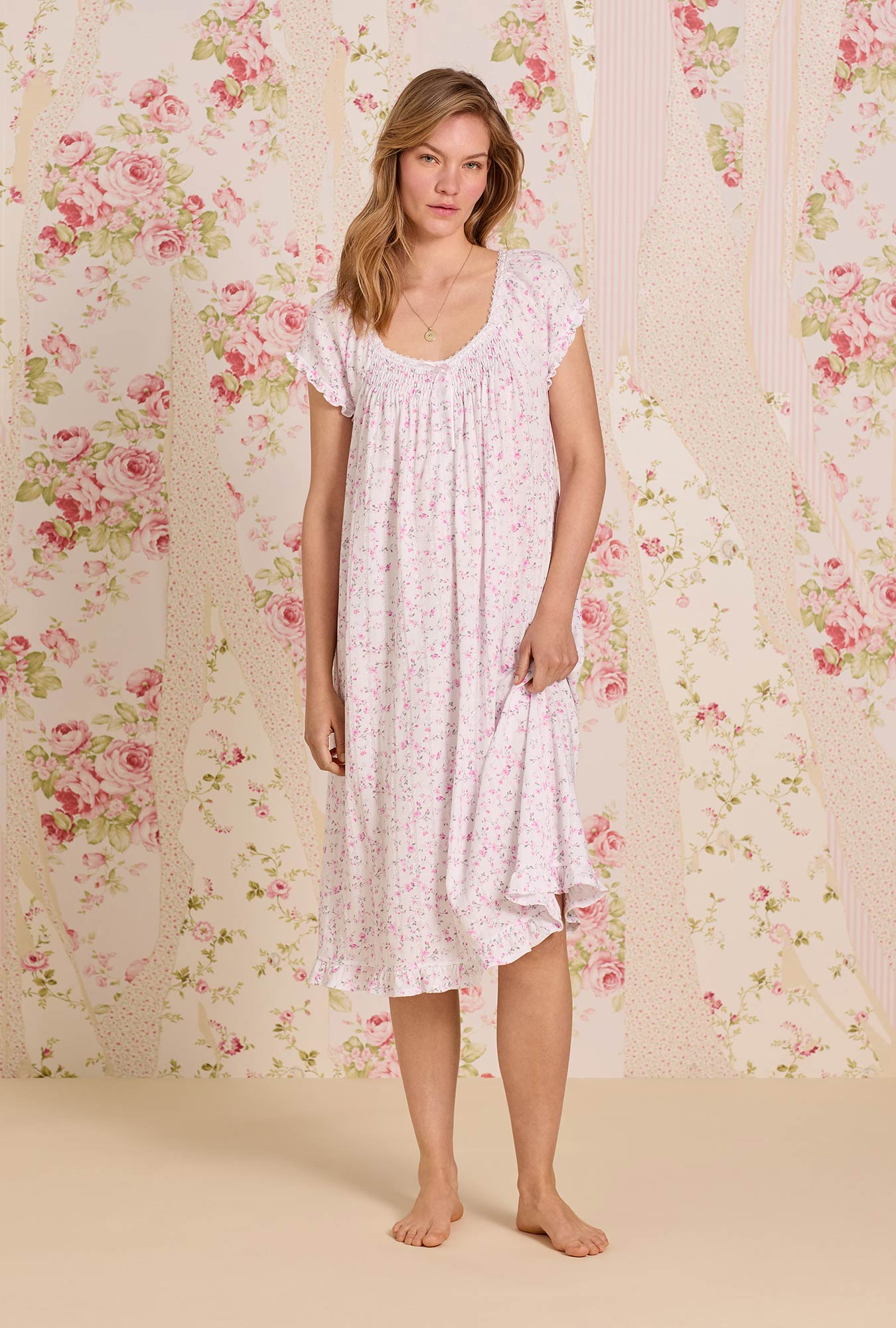 A  lady wearing Rosevine Whisper Cotton Pointelle Waltz Nightgown